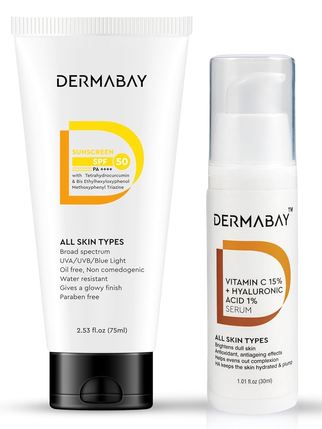 DermaBay Set Of 2 SPF 50 Sunscreen 75ml With Vitamin C Face Serum- 30ml, White
DermaBay Set Of 2 SPF 50 Sunscreen 75ml With Vitamin C Face Serum- 30ml, White