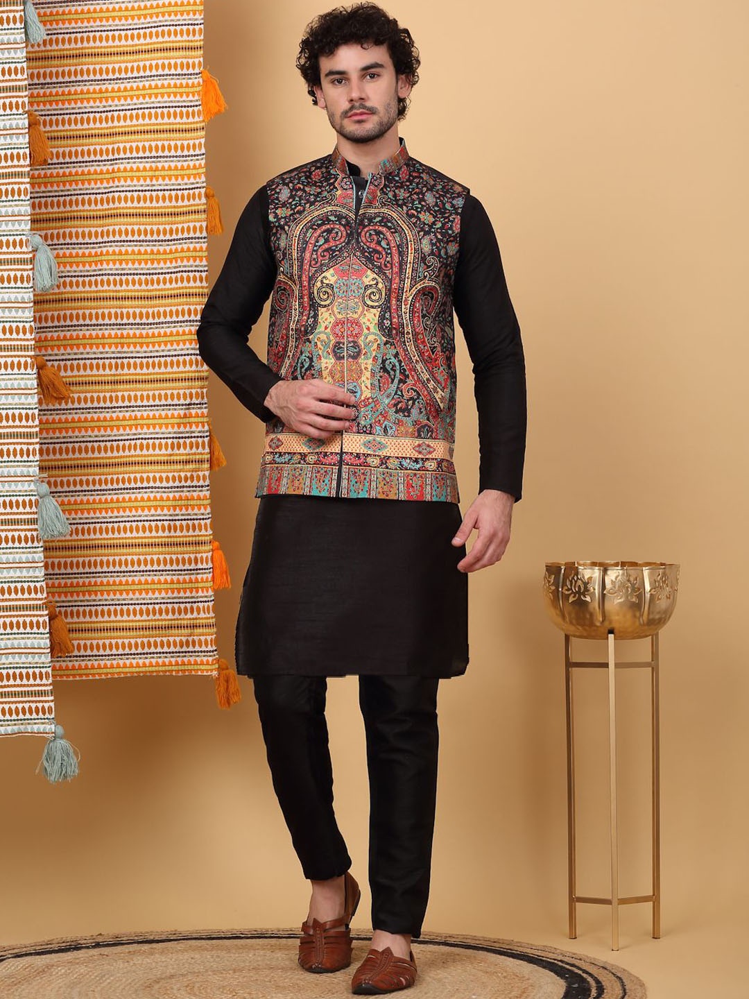 KRAFT INDIA LUXE Mandarin Collar Straight Kurta with Churidar & Printed Nehru Jacket, Black
KRAFT INDIA LUXE Mandarin Collar Straight Kurta with Churidar & Printed Nehru Jacket, Black