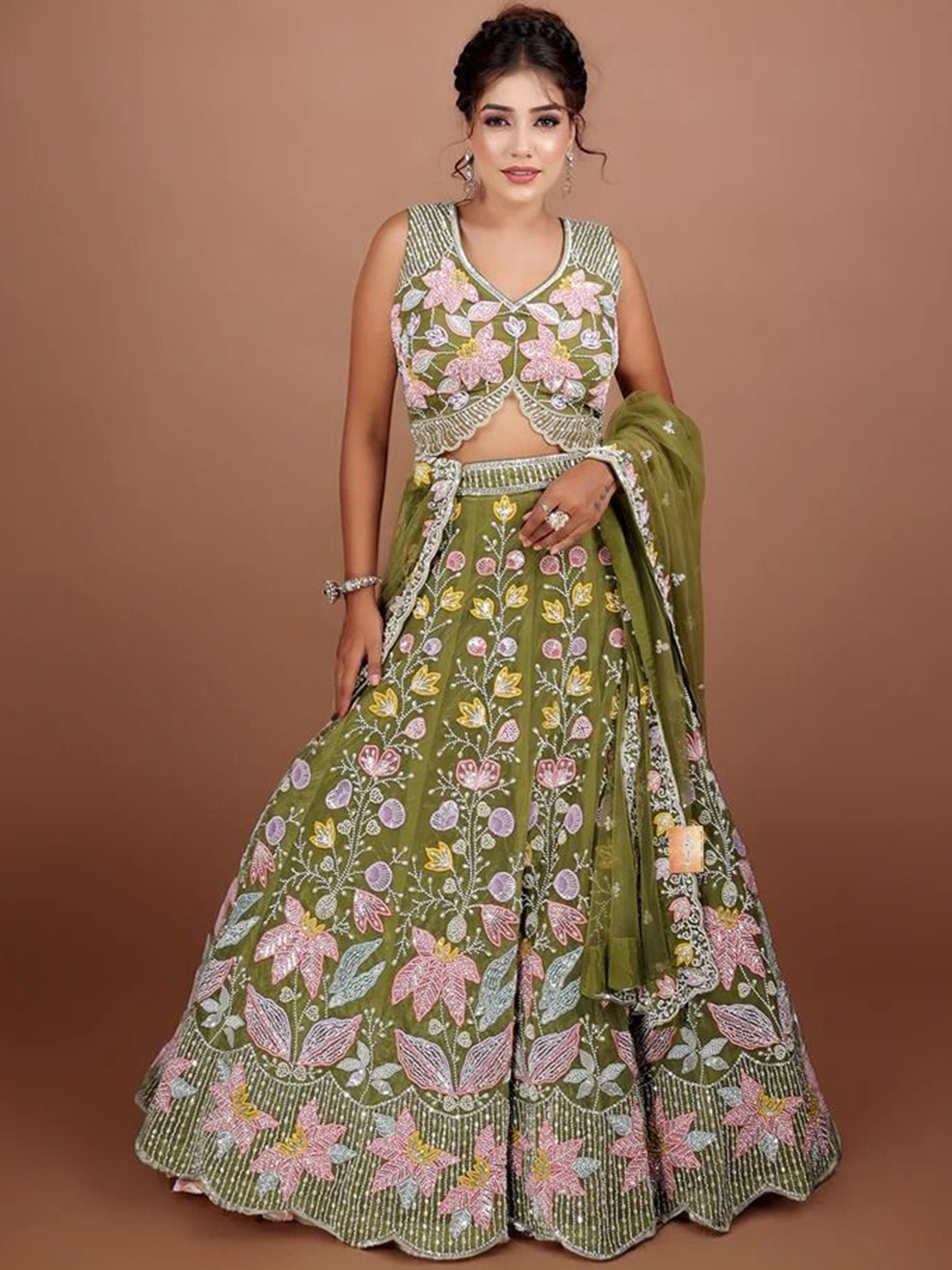ROOPKALA Embroidered & Embellished Ready-to-Wear Lehenga with Blouse & Dupatta, Olive
ROOPKALA Embroidered & Embellished Ready-to-Wear Lehenga with Blouse & Dupatta, Olive