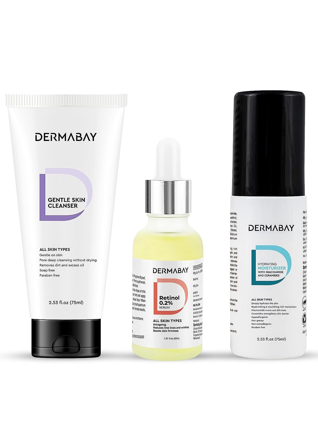 DermaBay Gentle Skin Cleanser 75 ml, Retinol Serum 30 ml & Hydrating Moisturizer 75 ml, White
DermaBay Gentle Skin Cleanser 75 ml, Retinol Serum 30 ml & Hydrating Moisturizer 75 ml, White