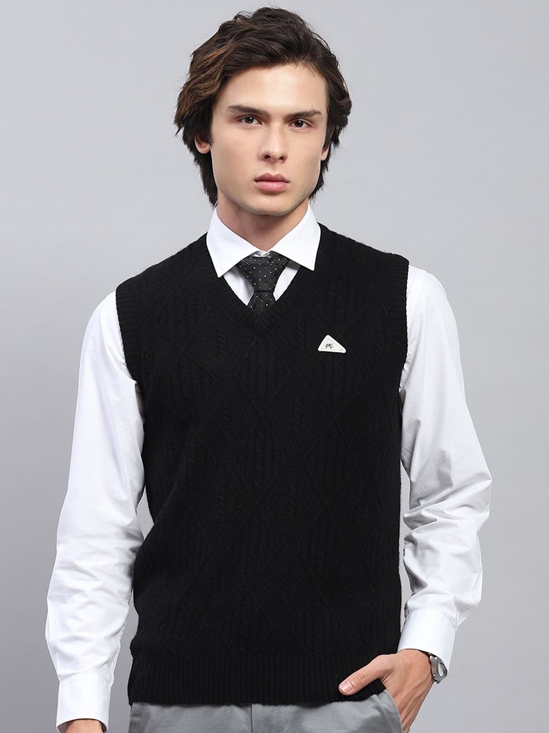 Monte Carlo Men Self Design V Neck Sleeveless Cable Knit Woollen Sweater Vest, Black
Monte Carlo Men Self Design V Neck Sleeveless Cable Knit Woollen Sweater Vest, Black