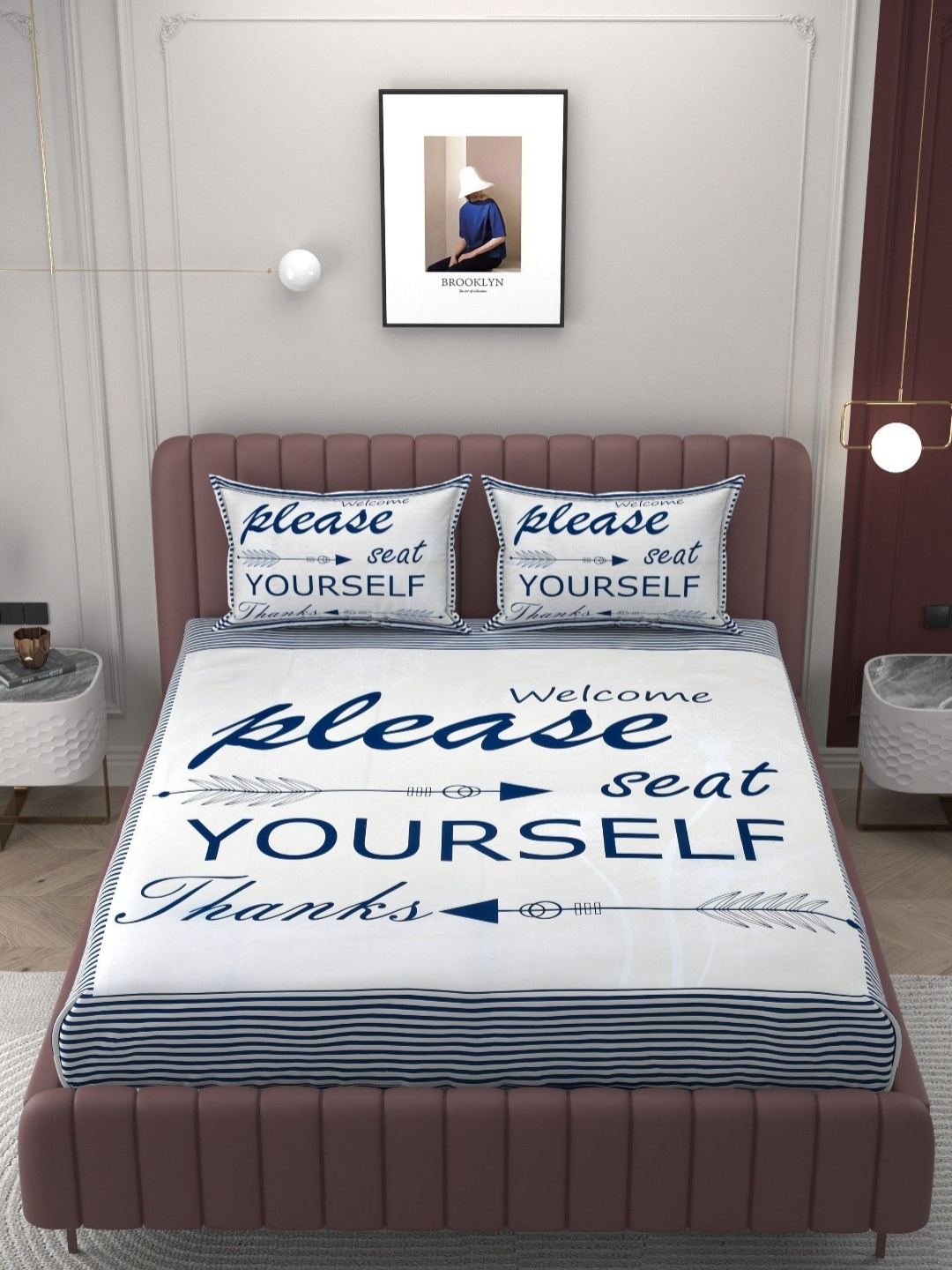 Bromwick White & Navy Blue Typography Cotton 250 TC King Bedsheet with 2 Pillow Covers
Bromwick White & Navy Blue Typography Cotton 250 TC King Bedsheet with 2 Pillow Covers