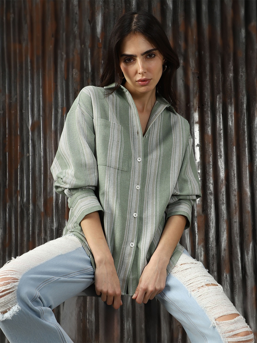 High Star Women Classic Spread Collar Vertical Striped Cotton Oversized Casual Shirt, Green
High Star Women Classic Spread Collar Vertical Striped Cotton Oversized Casual Shirt, Green