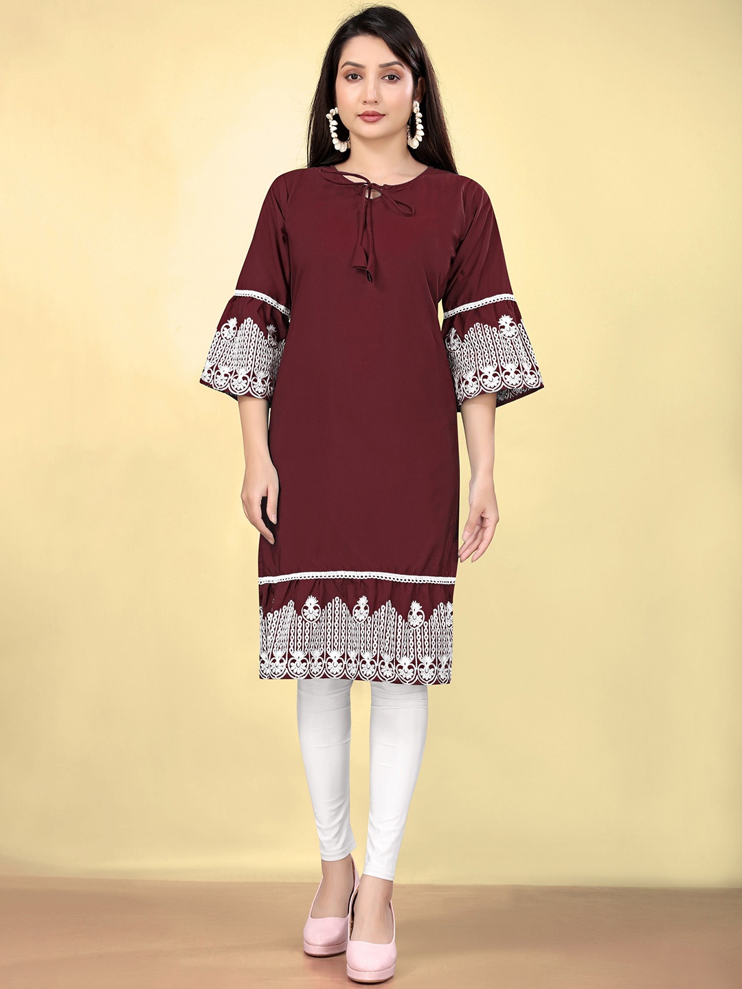 VARNI FABRICS Floral Embroidered Thread Work Tie-Up Neck Bell Sleeves Cotton Kurta, Maroon
VARNI FABRICS Floral Embroidered Thread Work Tie-Up Neck Bell Sleeves Cotton Kurta, Maroon