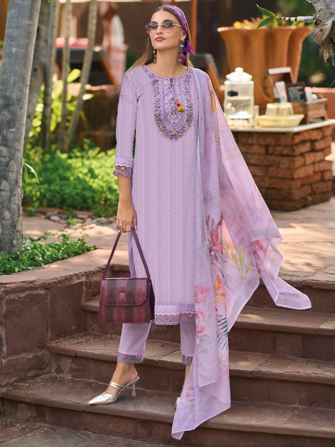 Indo Era Lavender Floral Embroidered Tie Up Neck Pure Cotton Kurta with Trousers & Dupatta
Indo Era Lavender Floral Embroidered Tie Up Neck Pure Cotton Kurta with Trousers & Dupatta