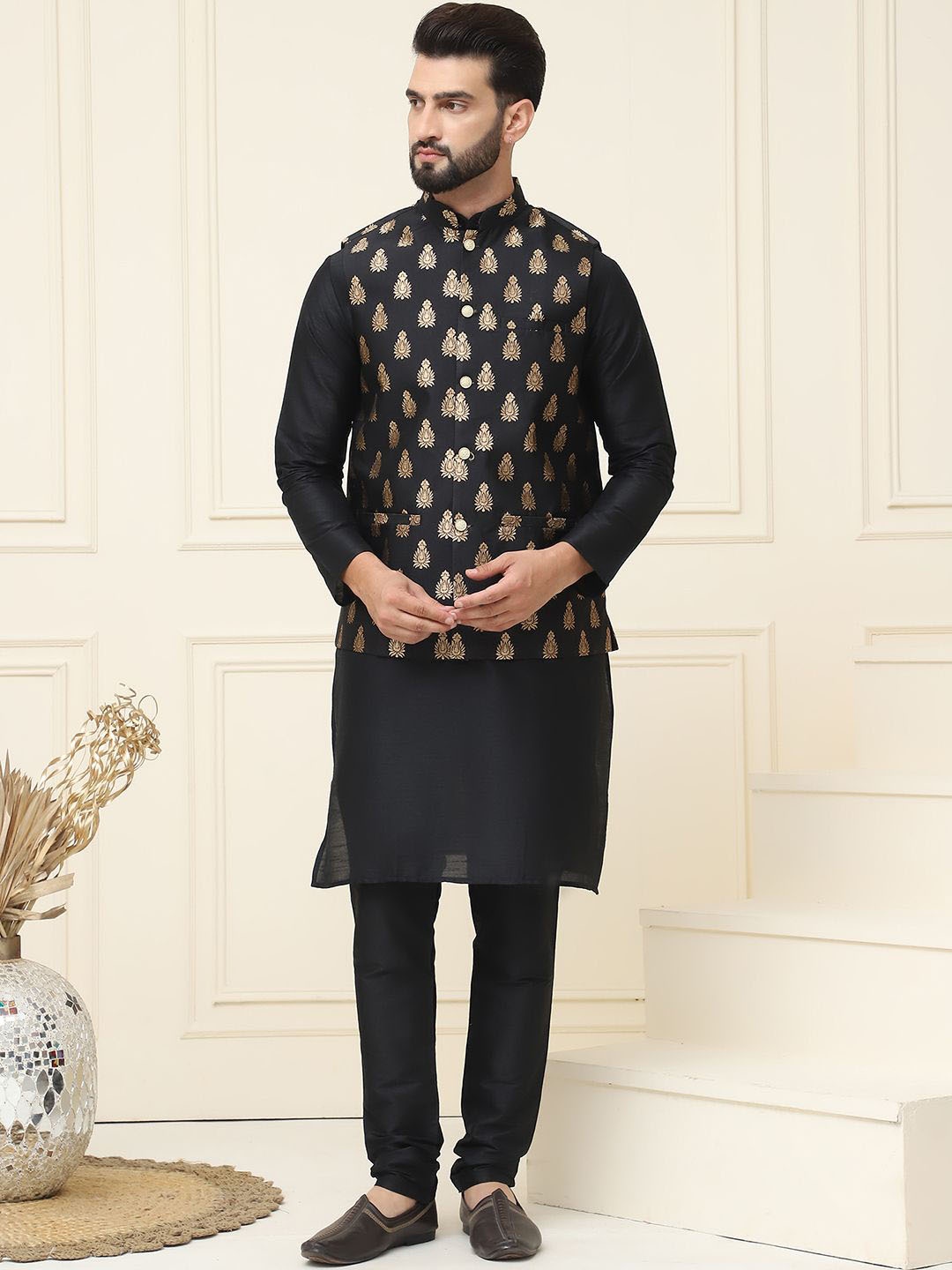 SOJANYA Mandarin Collar Silk Cotton Straight Kurta with Churidar & Nehru jacket, Black
SOJANYA Mandarin Collar Silk Cotton Straight Kurta with Churidar & Nehru jacket, Black