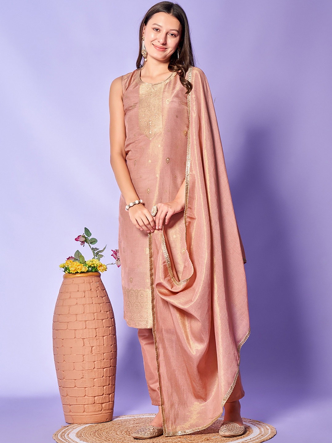 KALINI Ethnic Motifs Regular Pure Silk Straight Kurta with Trousers & Dupatta, Peach
KALINI Ethnic Motifs Regular Pure Silk Straight Kurta with Trousers & Dupatta, Peach