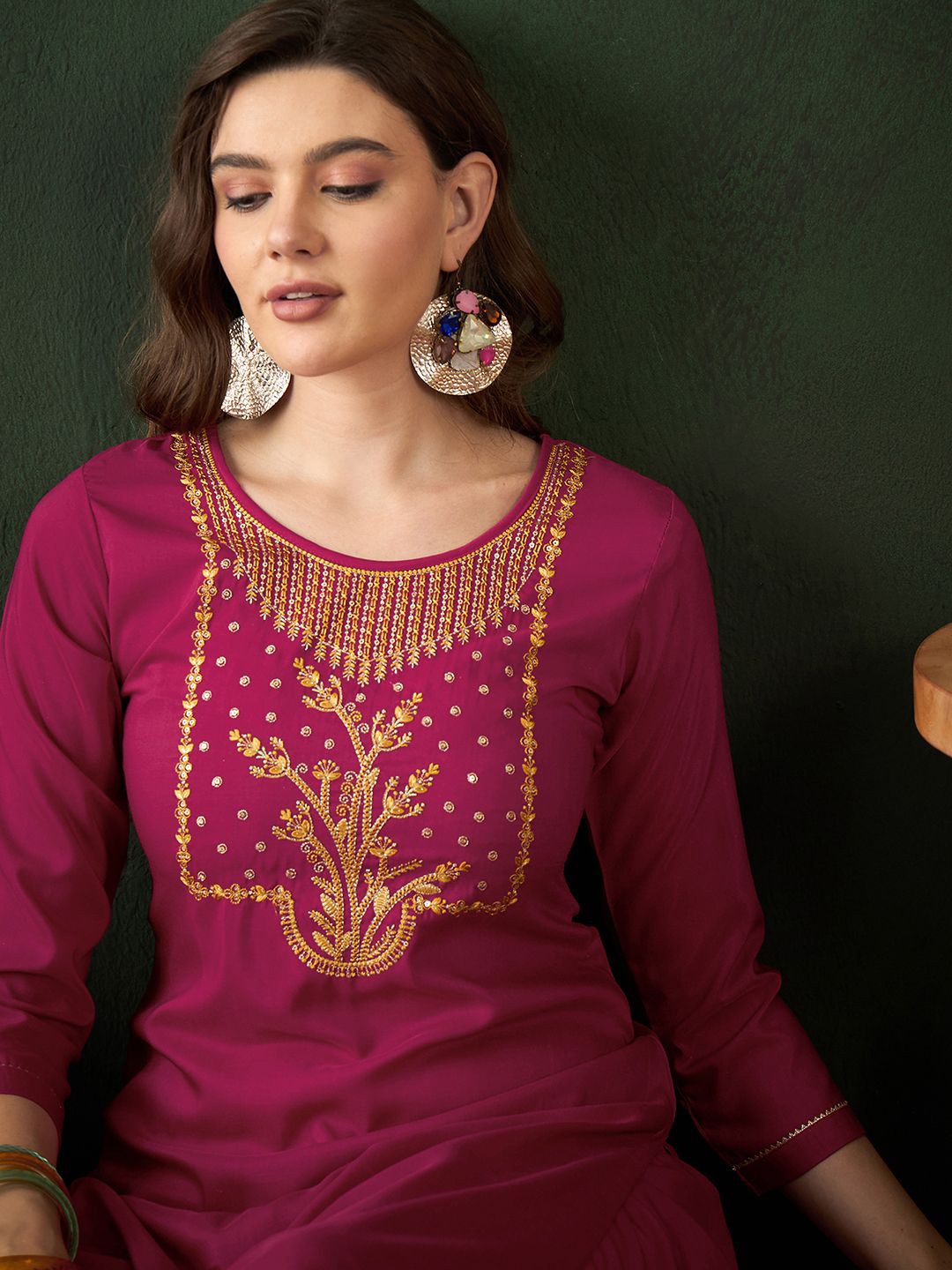Sangria Pink Floral Yoke Design Embroidered Sequenned Kurta With Trouser
Sangria Pink Floral Yoke Design Embroidered Sequenned Kurta With Trouser