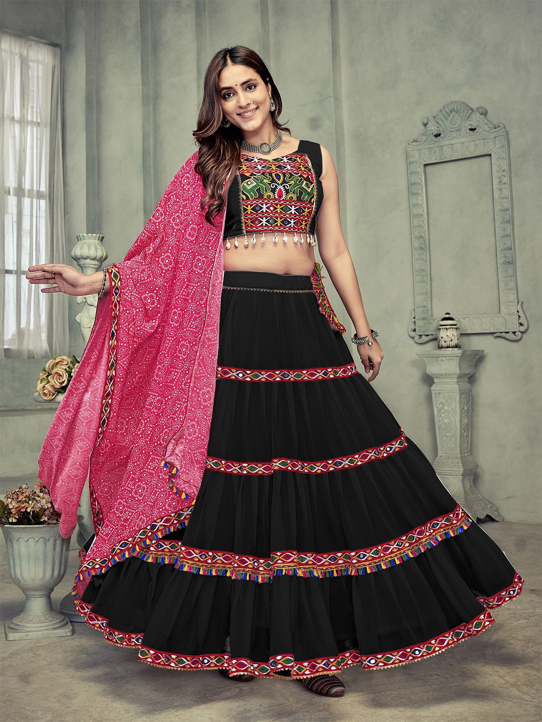 KALINI Embroidered Thread Work Semi-Stitched Lehenga & Unstitched Blouse With Dupatta, Black
KALINI Embroidered Thread Work Semi-Stitched Lehenga & Unstitched Blouse With Dupatta, Black