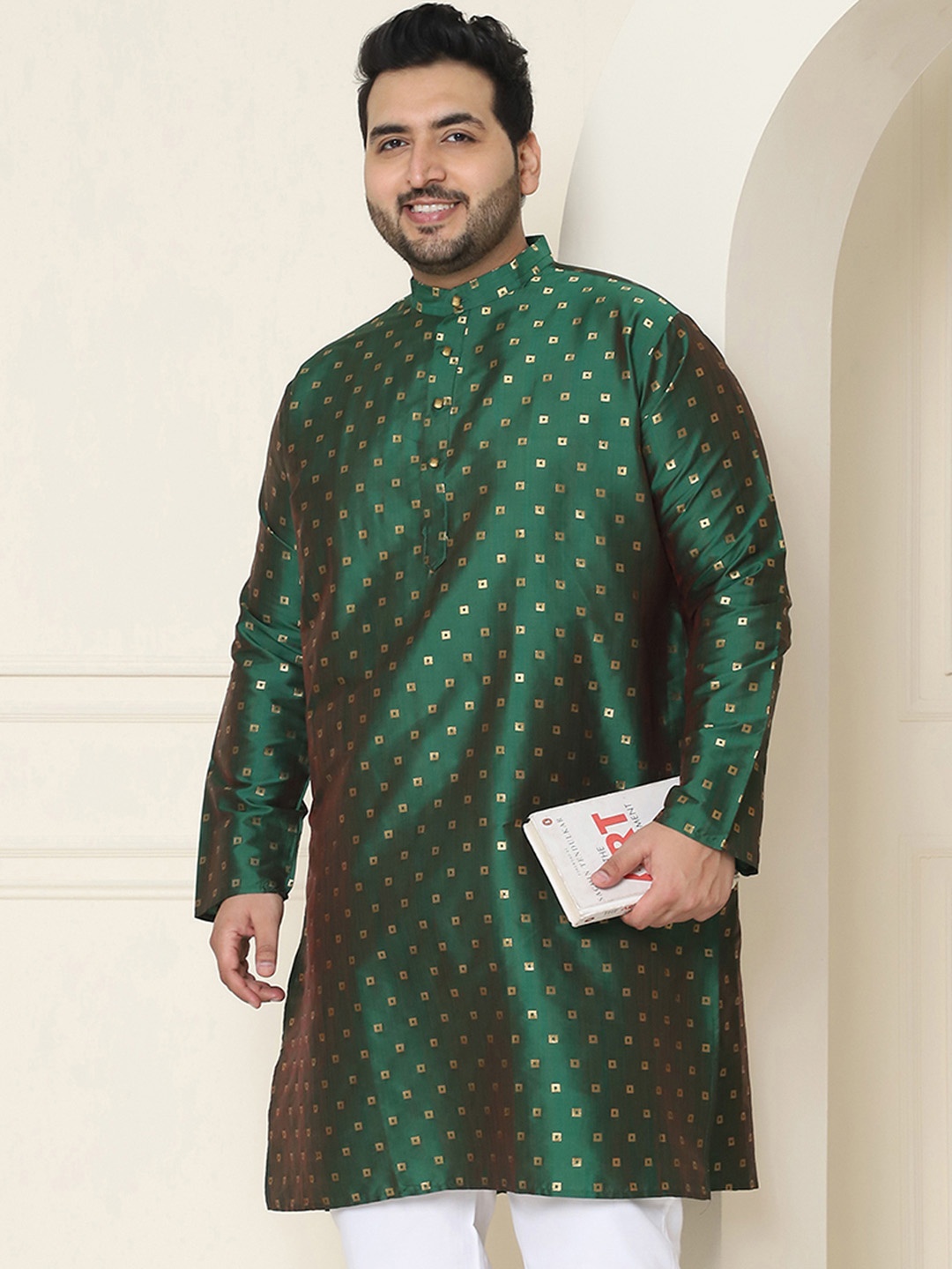 SOJANYA Plus Geometric Woven Design Mandarin Collar Long Sleeve Cotton Silk Straight Kurta, Green
SOJANYA Plus Geometric Woven Design Mandarin Collar Long Sleeve Cotton Silk Straight Kurta, Green