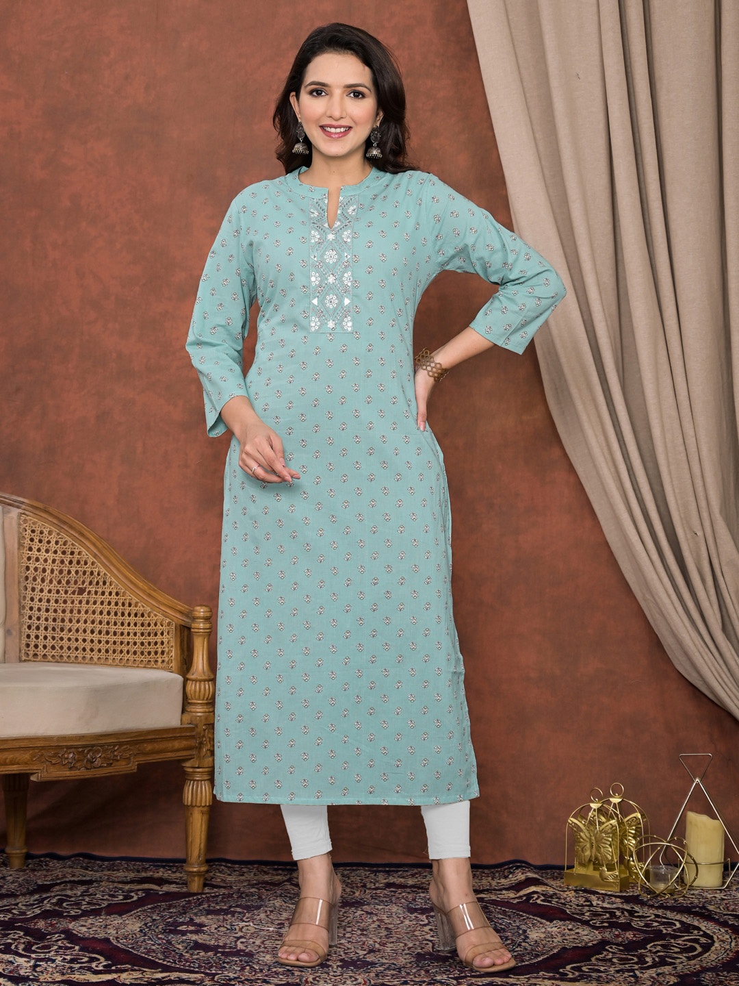 Readiprint Floral Printed Thread Work Mandarin Collar Cotton Straight Kurta, Sea green
Readiprint Floral Printed Thread Work Mandarin Collar Cotton Straight Kurta, Sea green