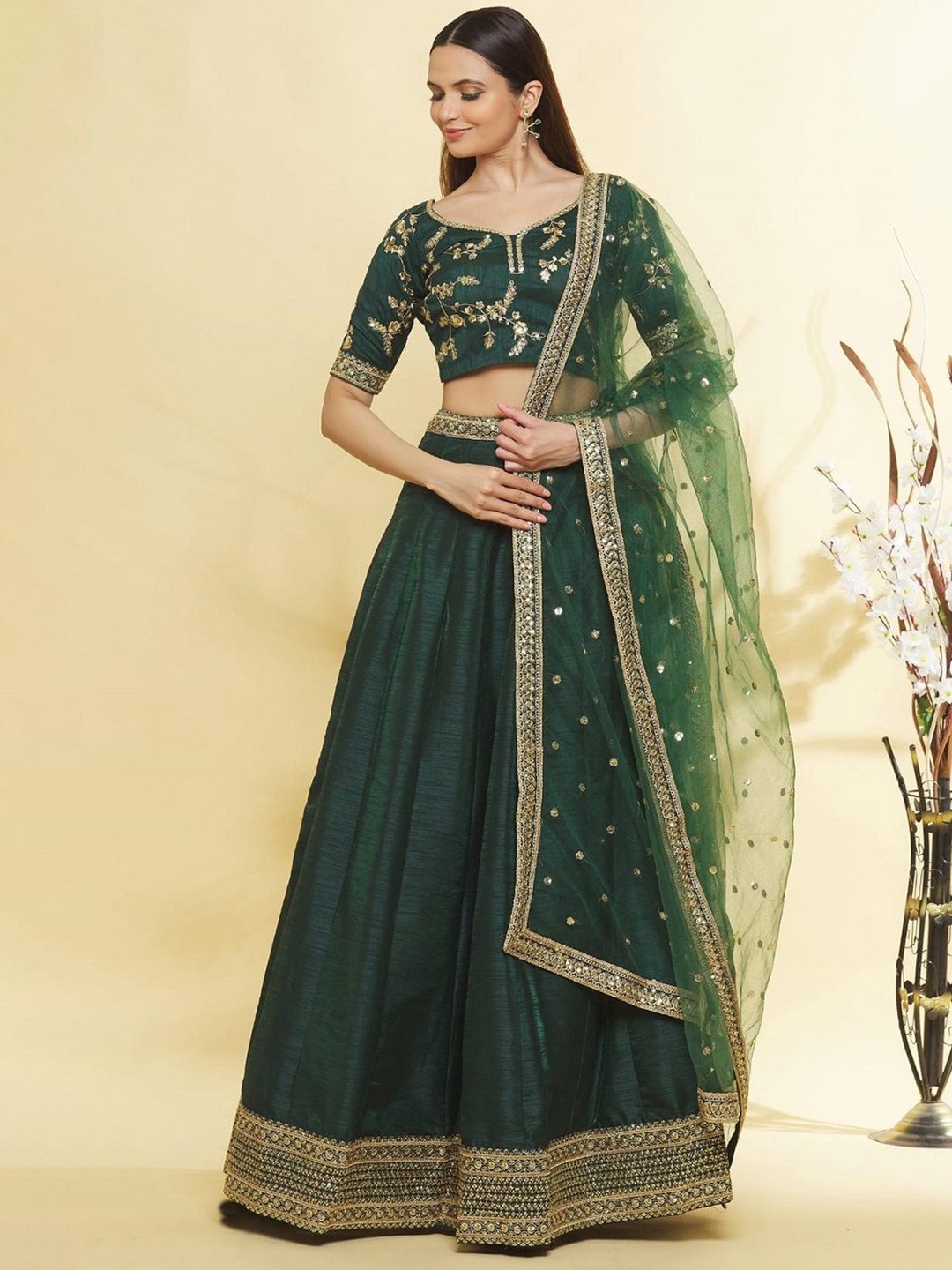 JIHU CULTURE Sequin Embroidered Semi Stitched Lehenga & Unstitched Blouse With Dupatta, Green
JIHU CULTURE Sequin Embroidered Semi Stitched Lehenga & Unstitched Blouse With Dupatta, Green