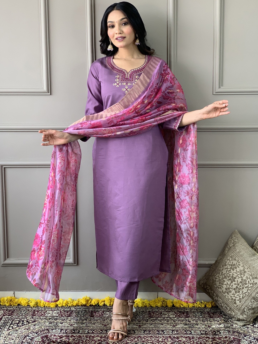 KALINI Floral Embroidered Thread Work Straight Kurta with Trousers & Dupatta, Lavender
KALINI Floral Embroidered Thread Work Straight Kurta with Trousers & Dupatta, Lavender