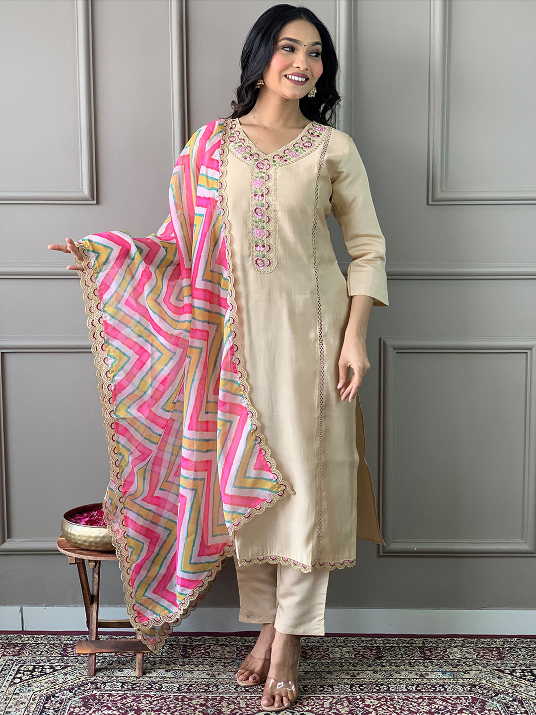 KALINI Women Embroidered Regular Thread Work Chanderi Silk Kurta with Trousers & With Dupatta, Beige
KALINI Women Embroidered Regular Thread Work Chanderi Silk Kurta with Trousers & With Dupatta, Beige