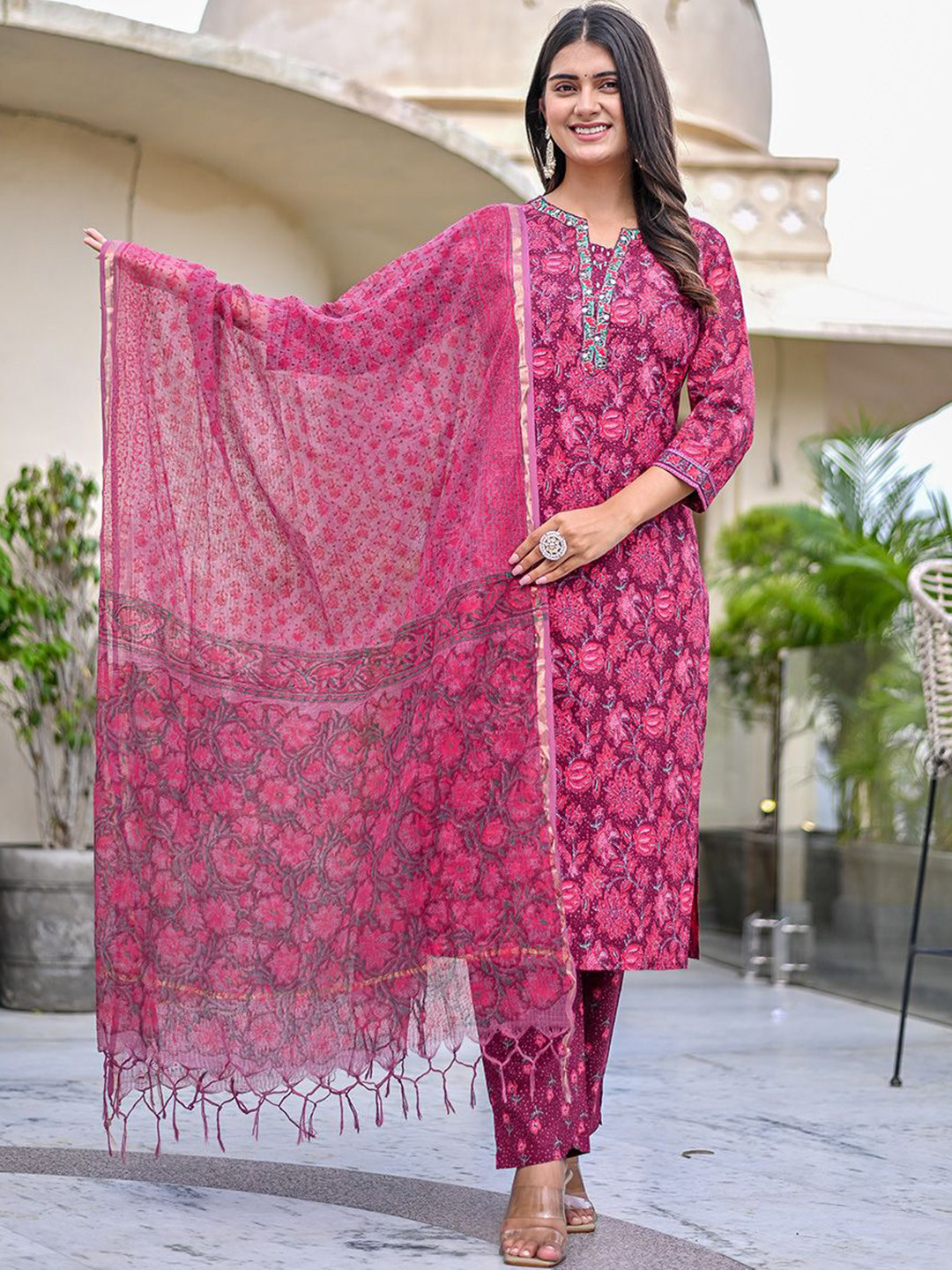 Benaaz Floral Printed Nothced Neck Pure Cotton Straight Kurta With Trousers & Dupatta, Maroon
Benaaz Floral Printed Nothced Neck Pure Cotton Straight Kurta With Trousers & Dupatta, Maroon