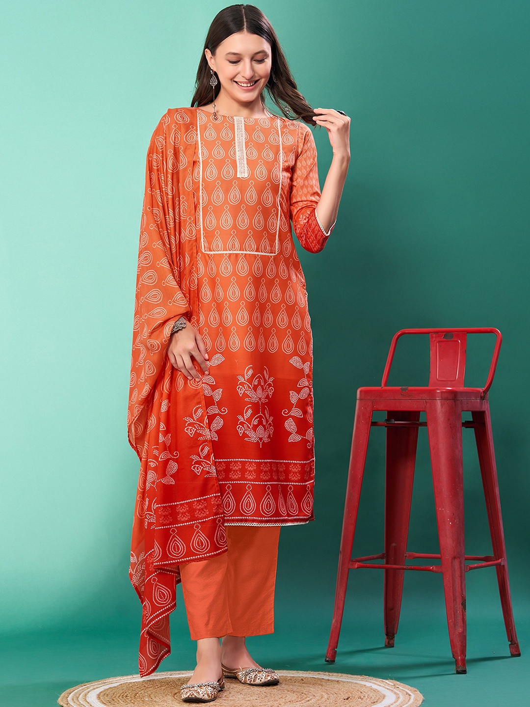 KALINI Bandhani Printed Regular Pure Silk Straight Kurta with Trousers & Dupatta, Orange
KALINI Bandhani Printed Regular Pure Silk Straight Kurta with Trousers & Dupatta, Orange