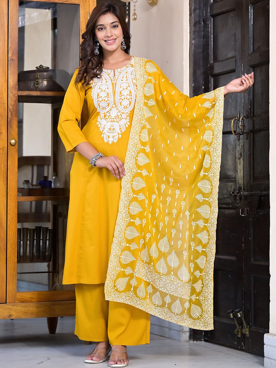 Juniper Paisley Yoke Design Thread Work Liva Kurta with Palazzo & Dupatta, Mustard
Juniper Paisley Yoke Design Thread Work Liva Kurta with Palazzo & Dupatta, Mustard