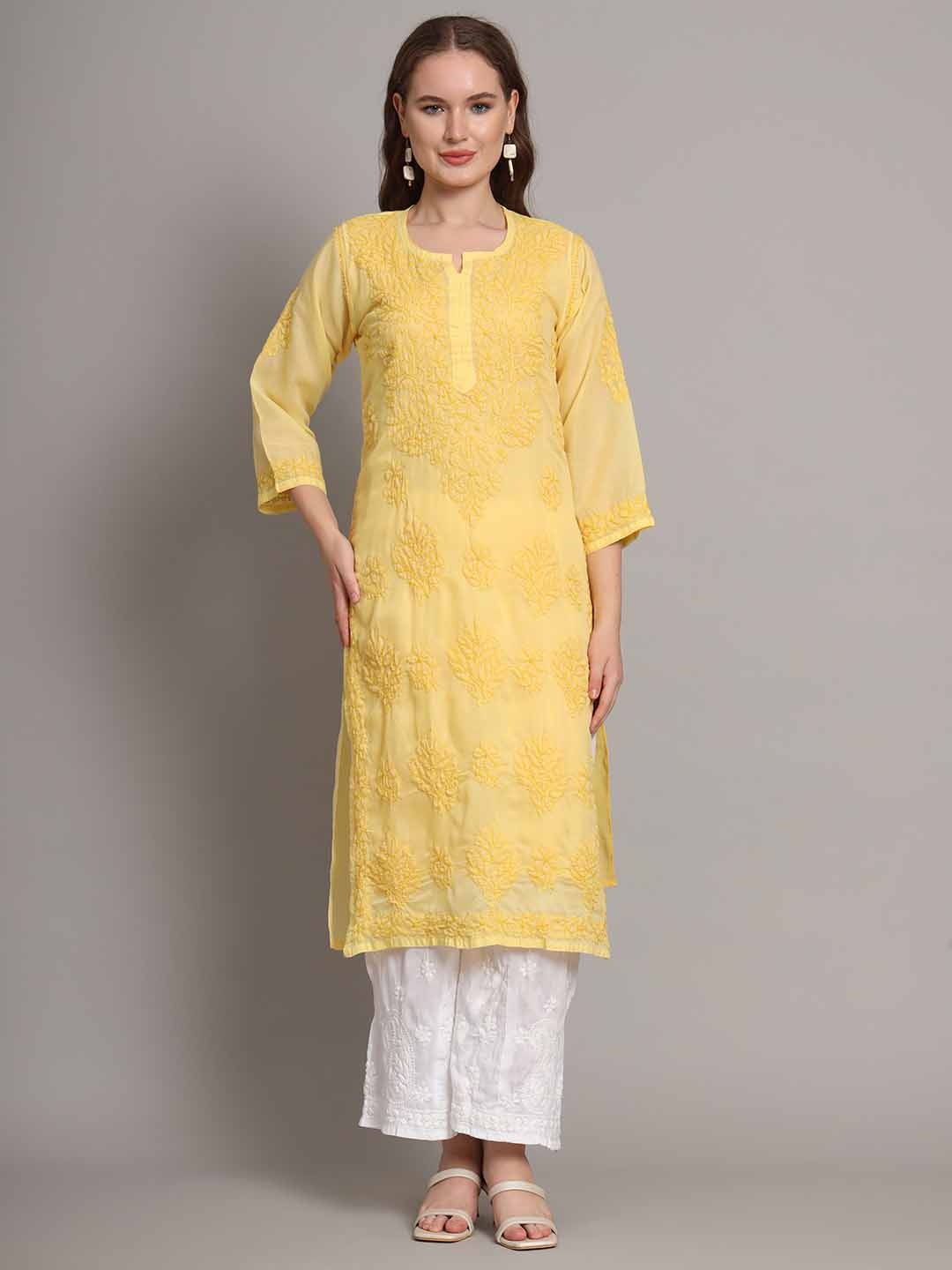 The Chikan Label Floral Embroidered Chikankari Notch Neck Cotton Straight Kurta, Yellow
The Chikan Label Floral Embroidered Chikankari Notch Neck Cotton Straight Kurta, Yellow