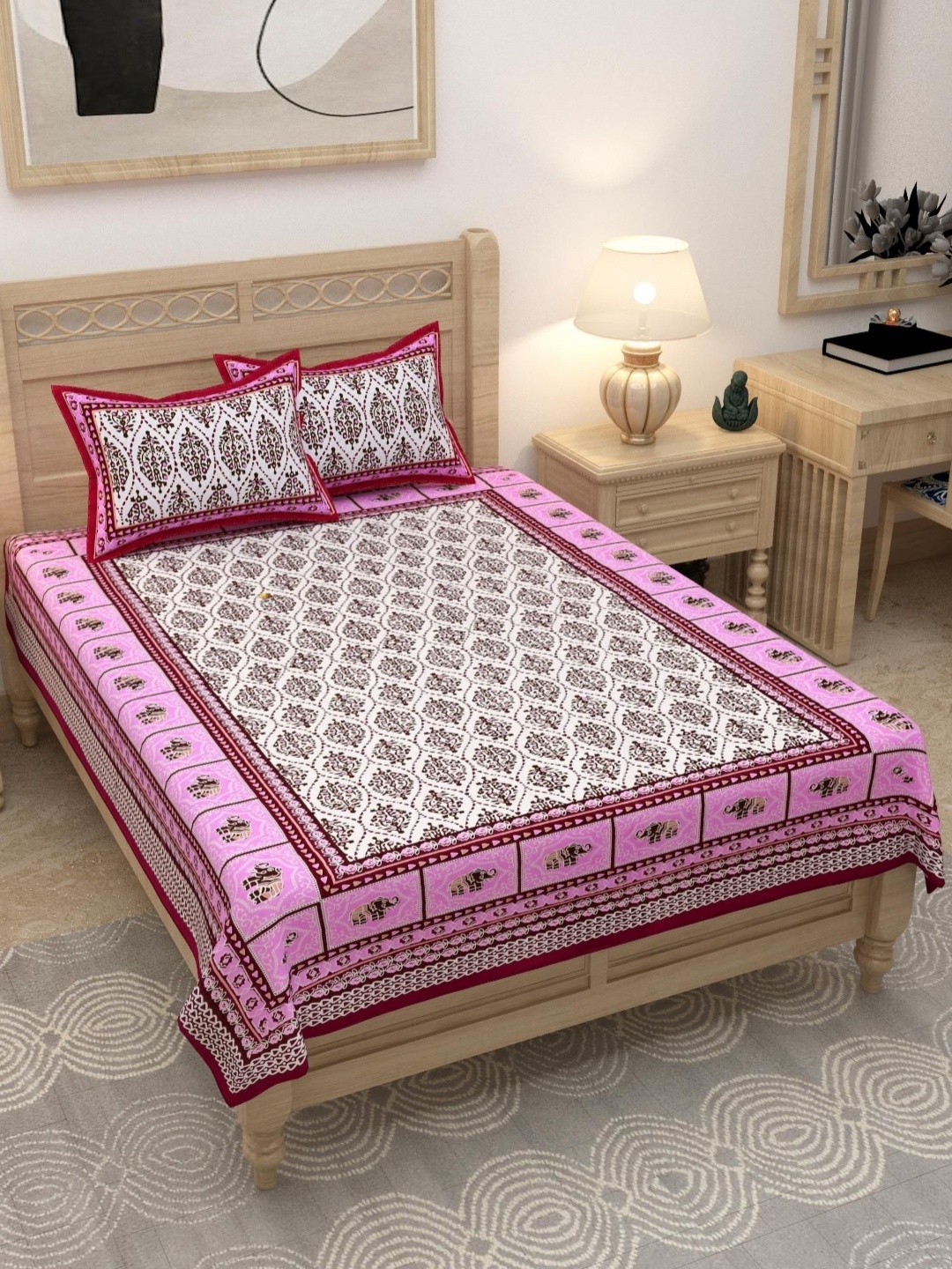 Lali Prints Pink Ethnic Motifs Cotton 180 TC Single Bedsheet with 2 Pillow Covers
Lali Prints Pink Ethnic Motifs Cotton 180 TC Single Bedsheet with 2 Pillow Covers