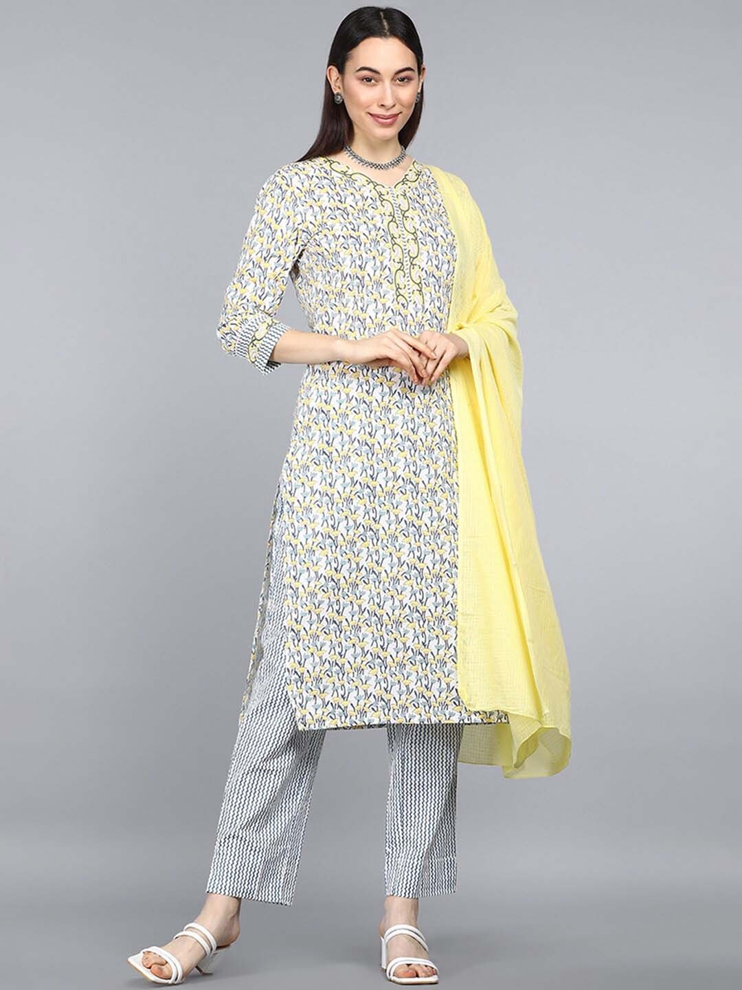 KALINI Floral Printed V-Neck Pure Cotton Straight Kurta With Trousers & Dupatta, White
KALINI Floral Printed V-Neck Pure Cotton Straight Kurta With Trousers & Dupatta, White