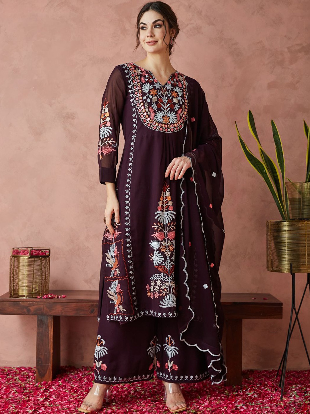 KAVINDI Floral Embroidered Mirror Work Georgette Straight Kurta With Palazzos & Dupatta, Purple
KAVINDI Floral Embroidered Mirror Work Georgette Straight Kurta With Palazzos & Dupatta, Purple