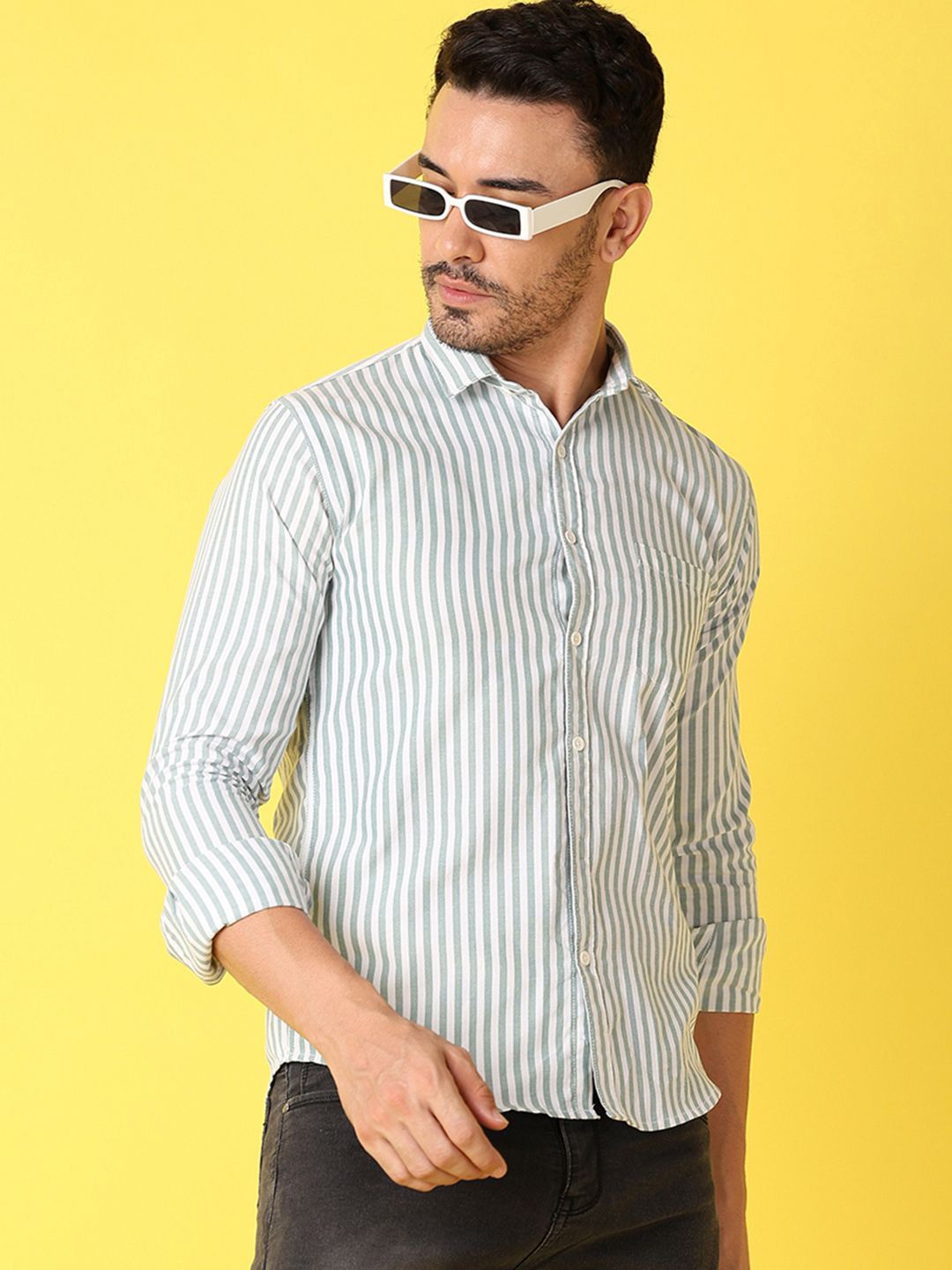 V-Mart Men Classic Spread Collar Vertical Stripes Self Design Cotton Casual Shirt, Green
V-Mart Men Classic Spread Collar Vertical Stripes Self Design Cotton Casual Shirt, Green