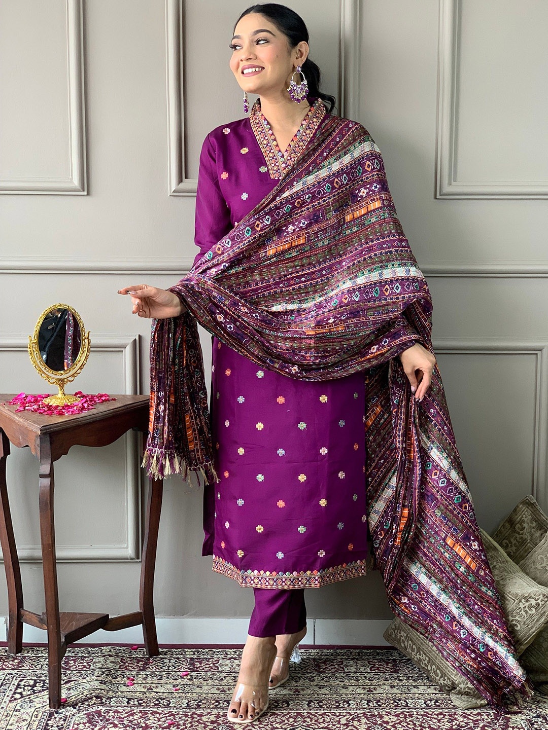 KALINI Floral Embroidered Thread Work Pure Silk Straight Kurta With Trouser & Dupatta, Purple
KALINI Floral Embroidered Thread Work Pure Silk Straight Kurta With Trouser & Dupatta, Purple