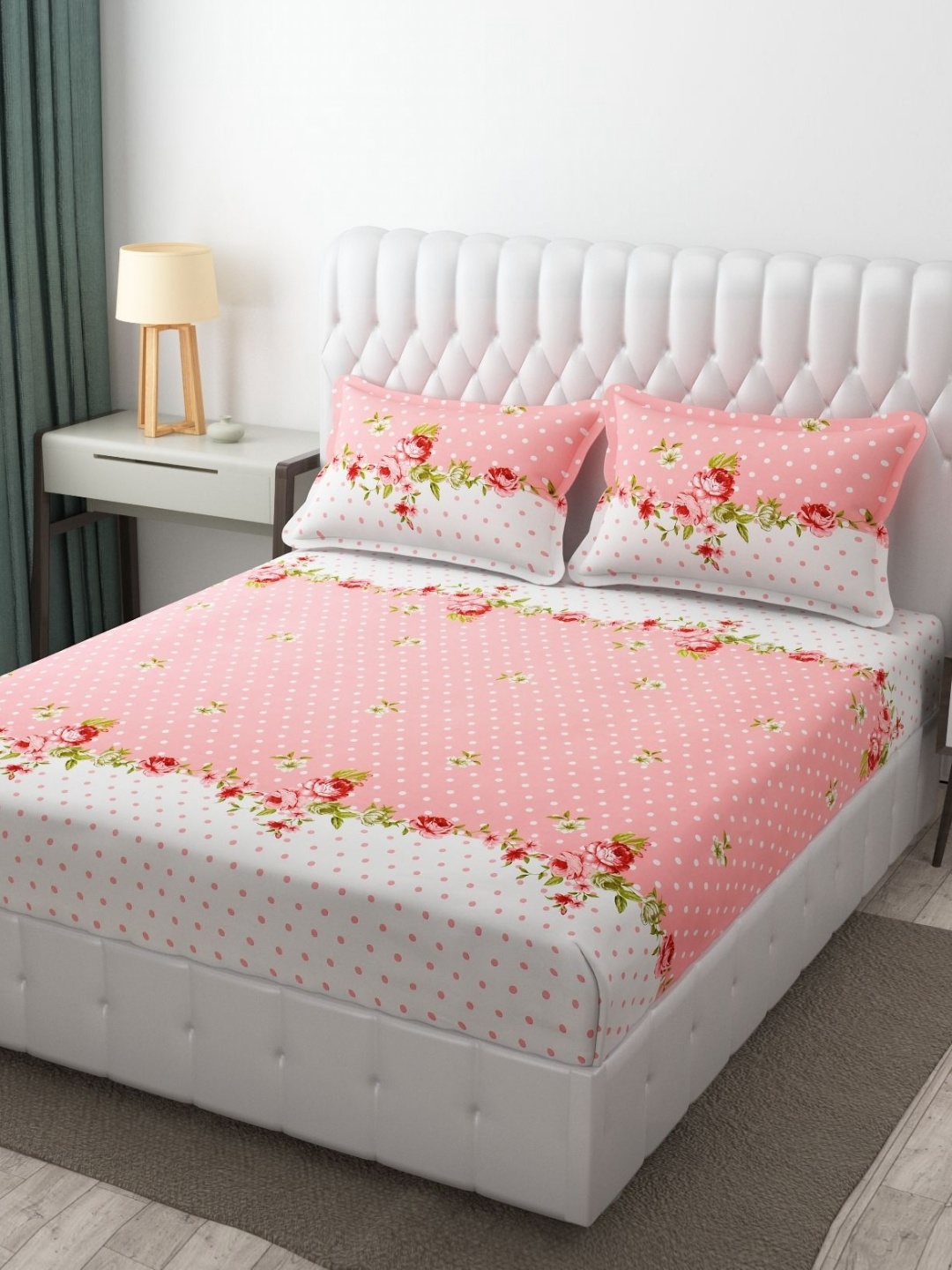 AaHo Decor Peach-Coloured Floral 300 TC Double King Fitted Bedsheet with 2 Pillow Covers
AaHo Decor Peach-Coloured Floral 300 TC Double King Fitted Bedsheet with 2 Pillow Covers
