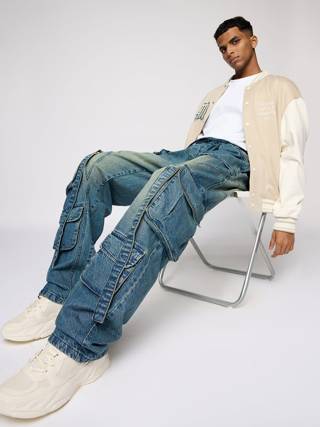 FREAKINS Men Cotton Straight Fit High-Rise Light Fade Baggy Cargo Jeans, Blue 
FREAKINS Men Cotton Straight Fit High-Rise Light Fade Baggy Cargo Jeans, Blue