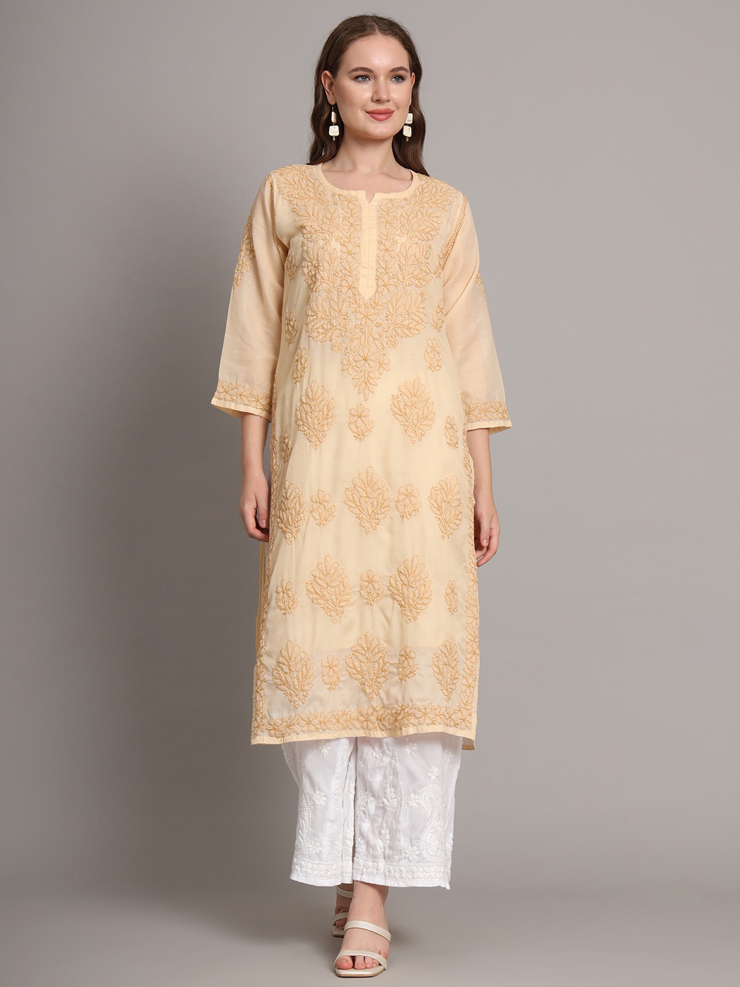 The Chikan Label Floral Embroidered Notch Neck Modal Chikankari Straight Kurta, Beige
The Chikan Label Floral Embroidered Notch Neck Modal Chikankari Straight Kurta, Beige