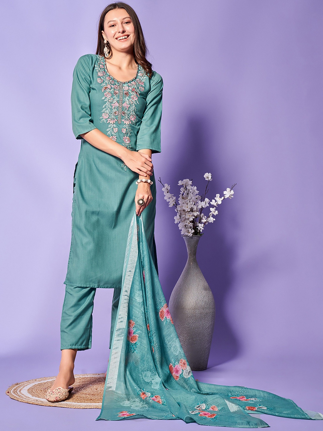 KALINI Floral Yoke Design Thread Work Straight Kurta With Trouser & Dupatta, Turquoise blue
KALINI Floral Yoke Design Thread Work Straight Kurta With Trouser & Dupatta, Turquoise blue