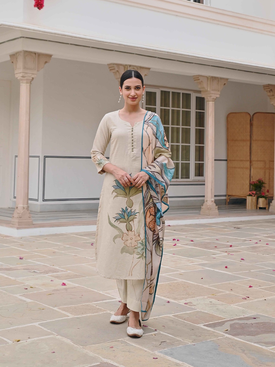 KARAJ JAIPUR Floral Printed Pure Cotton Straight Kurta with Trousers & With Dupatta, Off white
KARAJ JAIPUR Floral Printed Pure Cotton Straight Kurta with Trousers & With Dupatta, Off white