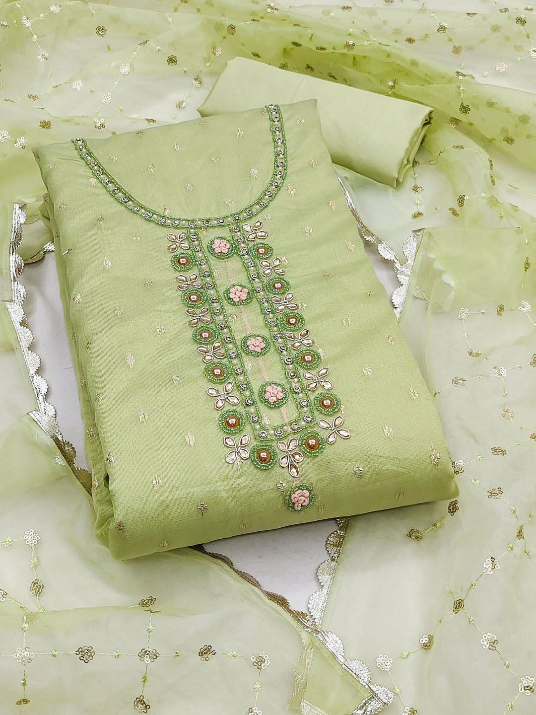 KIMISHA Floral Embellished Beads and Stones Organza Unstitched Dress Material, Green
KIMISHA Floral Embellished Beads and Stones Organza Unstitched Dress Material, Green