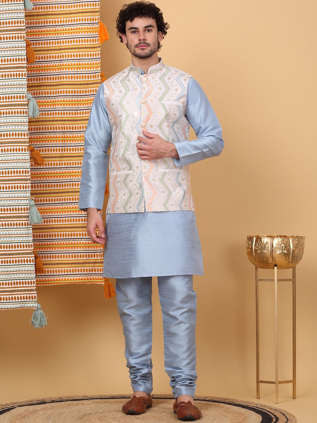 KRAFT INDIA LUXE Mandarin Collar Straight Kurta with Churidar & Embroidered Nehru Jacket, Blue
KRAFT INDIA LUXE Mandarin Collar Straight Kurta with Churidar & Embroidered Nehru Jacket, Blue
