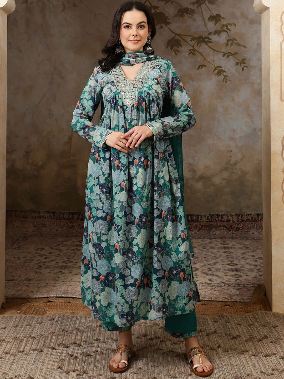 Sangria Teal Green Floral Embroidered Empire Mirror Work Kurta With Trousers & Dupatta
Sangria Teal Green Floral Embroidered Empire Mirror Work Kurta With Trousers & Dupatta