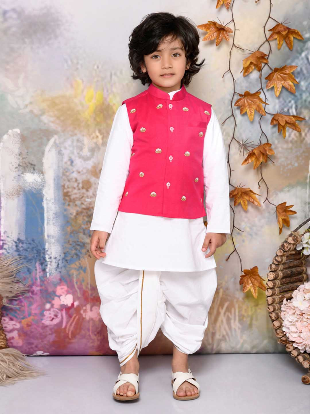 MUDKID Pure Cotton Kurta with Dhoti Pants & Embroidered Nehru Jacket, White 
MUDKID Pure Cotton Kurta with Dhoti Pants & Embroidered Nehru Jacket, White
