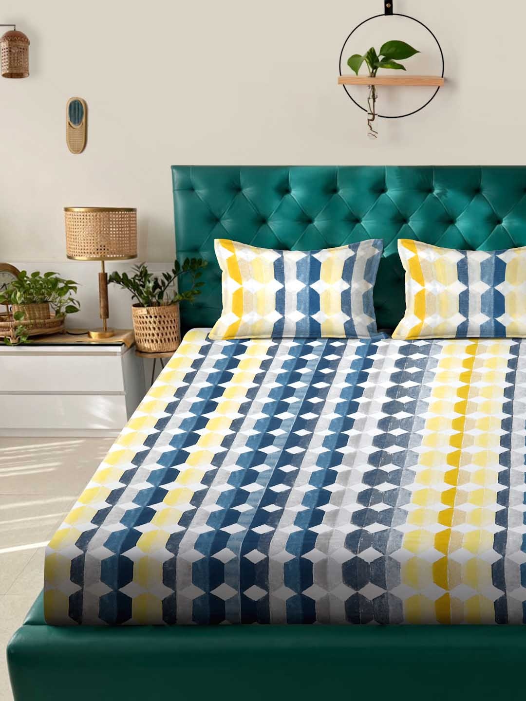 ROSARA HOME Blue & Off White Geometric Cotton 144 TC King Bedsheet with 2 Pillow Covers
ROSARA HOME Blue & Off White Geometric Cotton 144 TC King Bedsheet with 2 Pillow Covers
