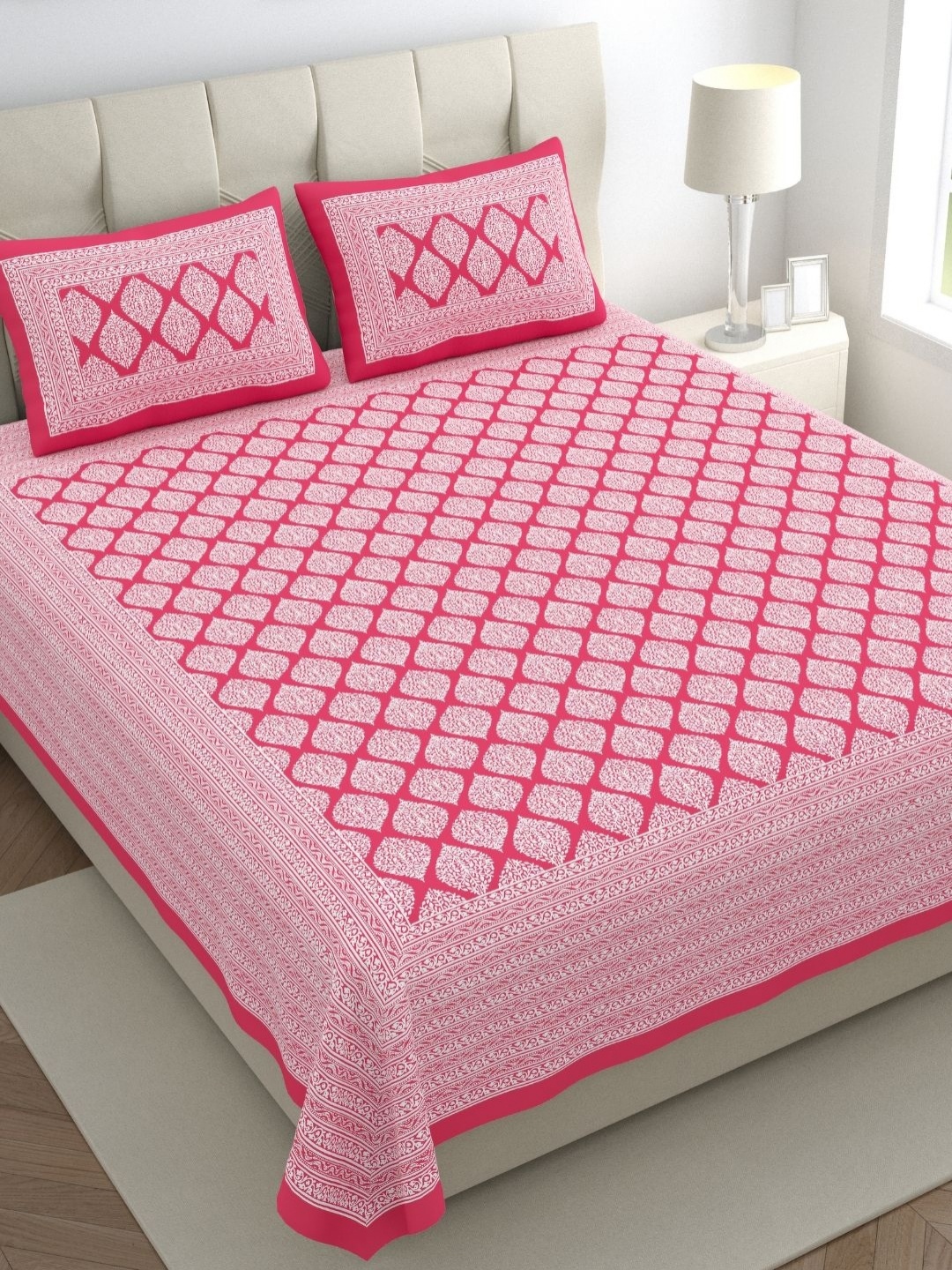 The Craft Monk Pink & White Ethnic 300TC Pure Cotton Super King Bedsheet & 2 Pillow Covers
The Craft Monk Pink & White Ethnic 300TC Pure Cotton Super King Bedsheet & 2 Pillow Covers