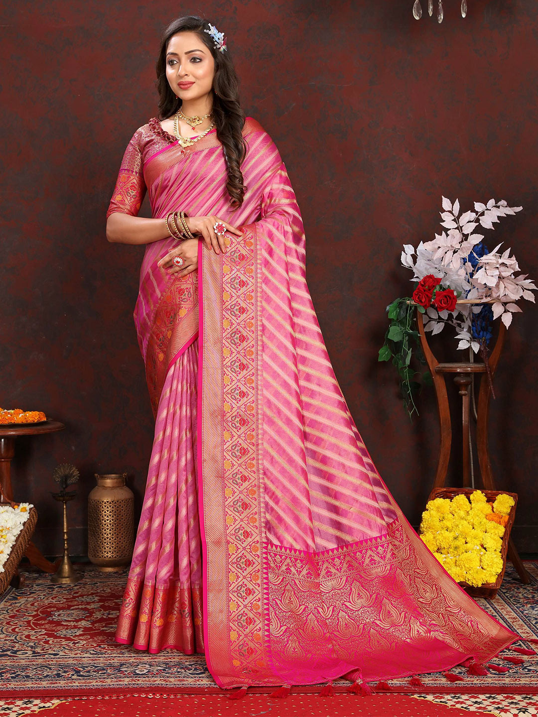 Zeekha Striped Woven Design Zari Pure Silk Kanjeevaram Saree, Pink 
Zeekha Striped Woven Design Zari Pure Silk Kanjeevaram Saree, Pink