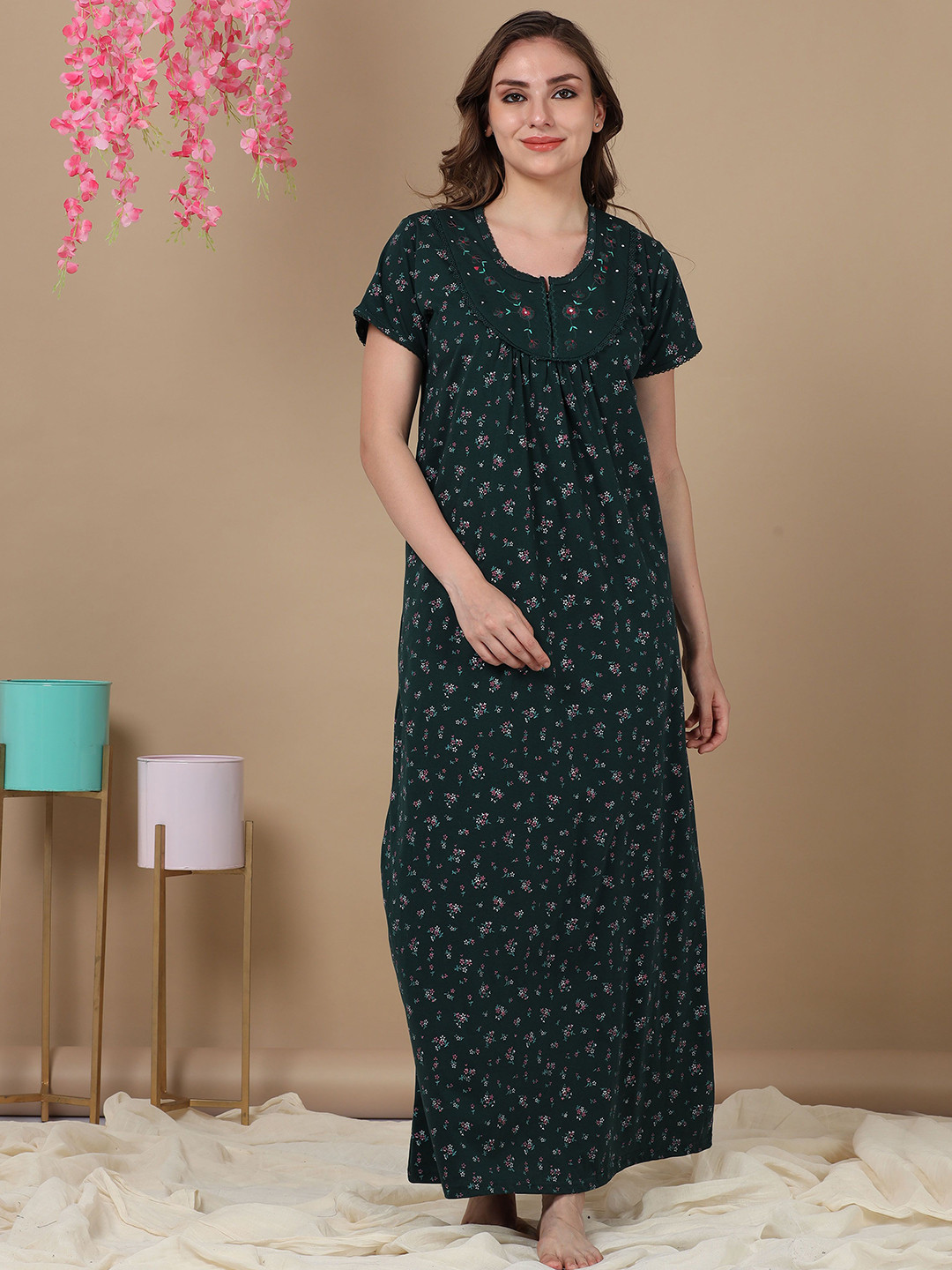 9shines Label Women Floral Printed Embroidered Maxi Nightdress, Green
9shines Label Women Floral Printed Embroidered Maxi Nightdress, Green