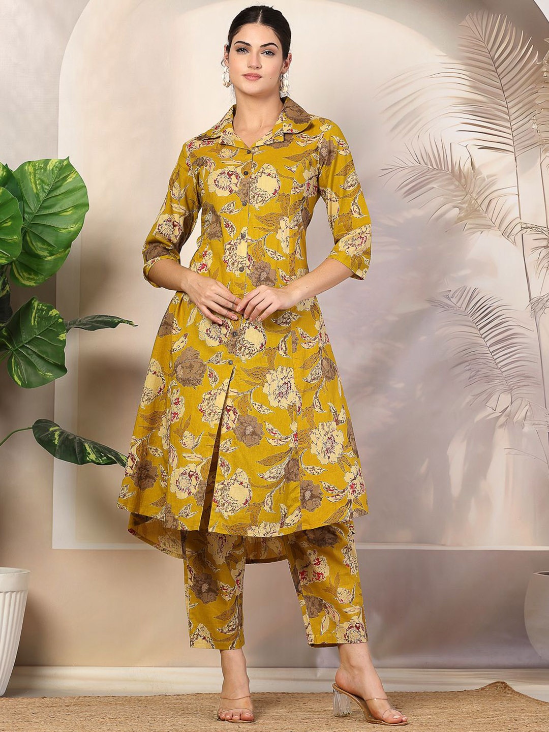 Pistaa Floral Printed Cuban Collar Pure Cotton Shirt Style A-Line Kurta With Trousers, Yellow
Pistaa Floral Printed Cuban Collar Pure Cotton Shirt Style A-Line Kurta With Trousers, Yellow
