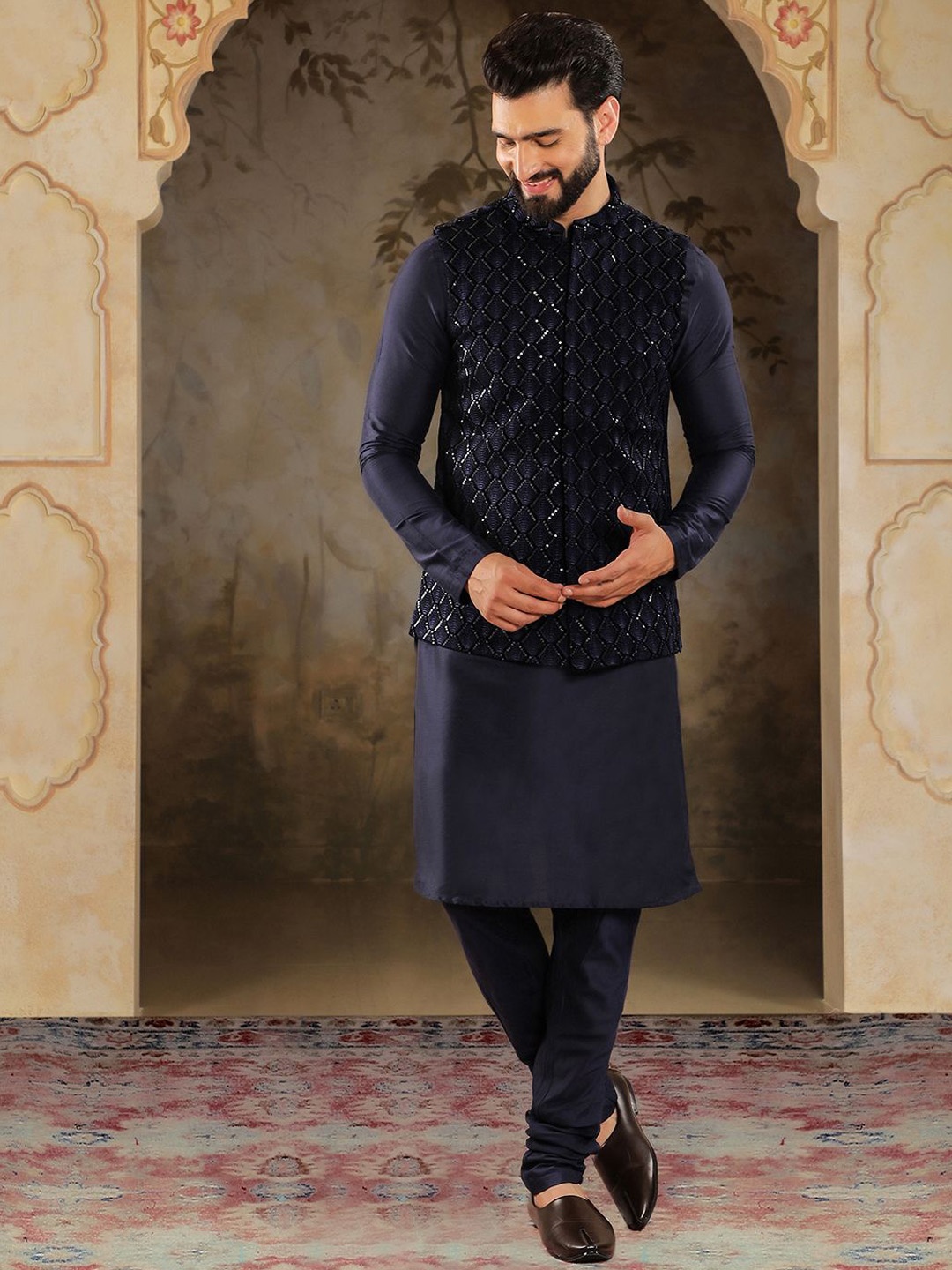 HOUSE OF DEYANN Mandarin Collar Velvet Straight Kurta with Churidar & Nehru Jacket, Navy blue
HOUSE OF DEYANN Mandarin Collar Velvet Straight Kurta with Churidar & Nehru Jacket, Navy blue