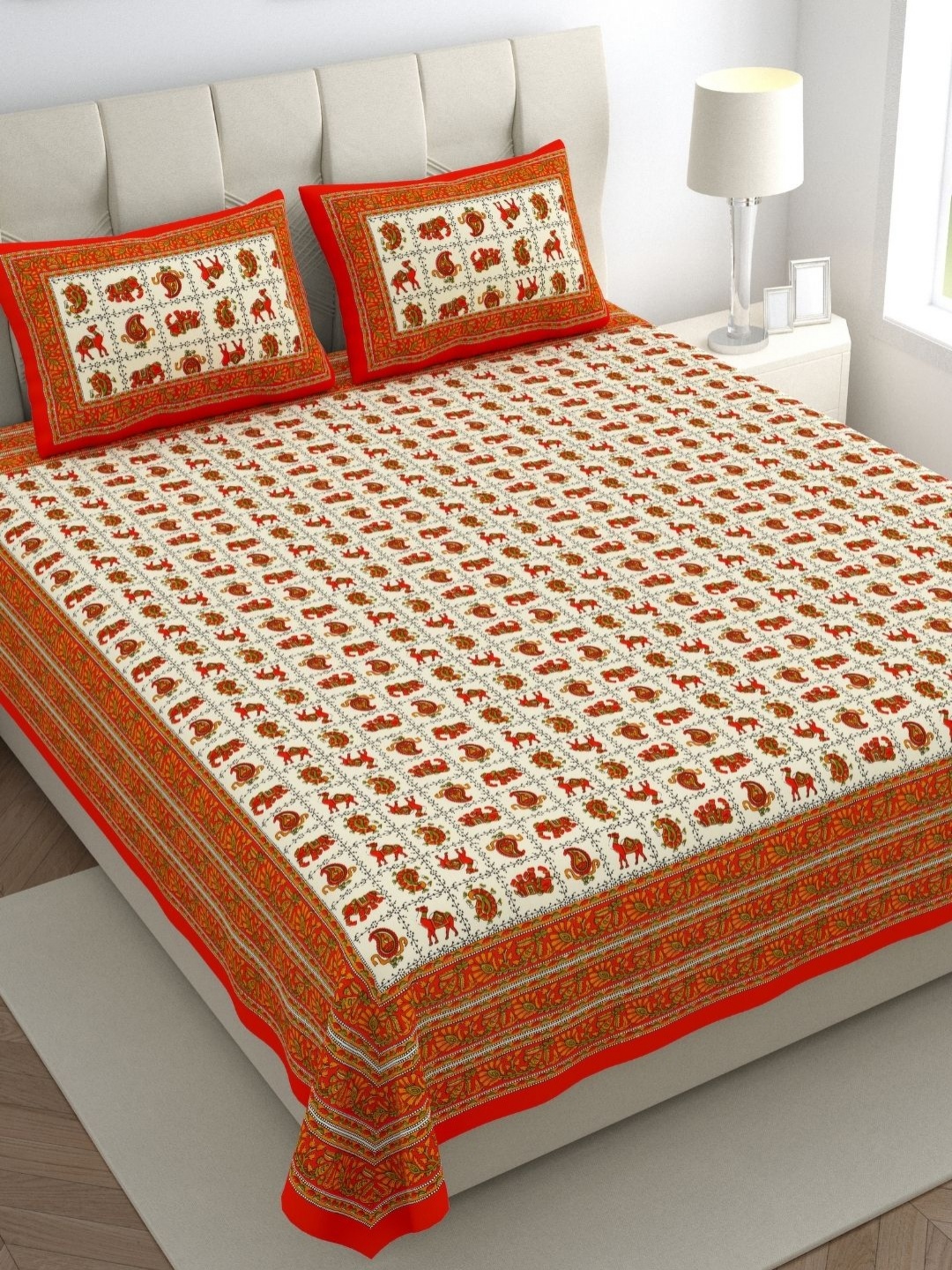 The Craft Monk Beige & Orange Printed Cotton 300 TC Super King Bedsheet & 2 Pillow Covers
The Craft Monk Beige & Orange Printed Cotton 300 TC Super King Bedsheet & 2 Pillow Covers