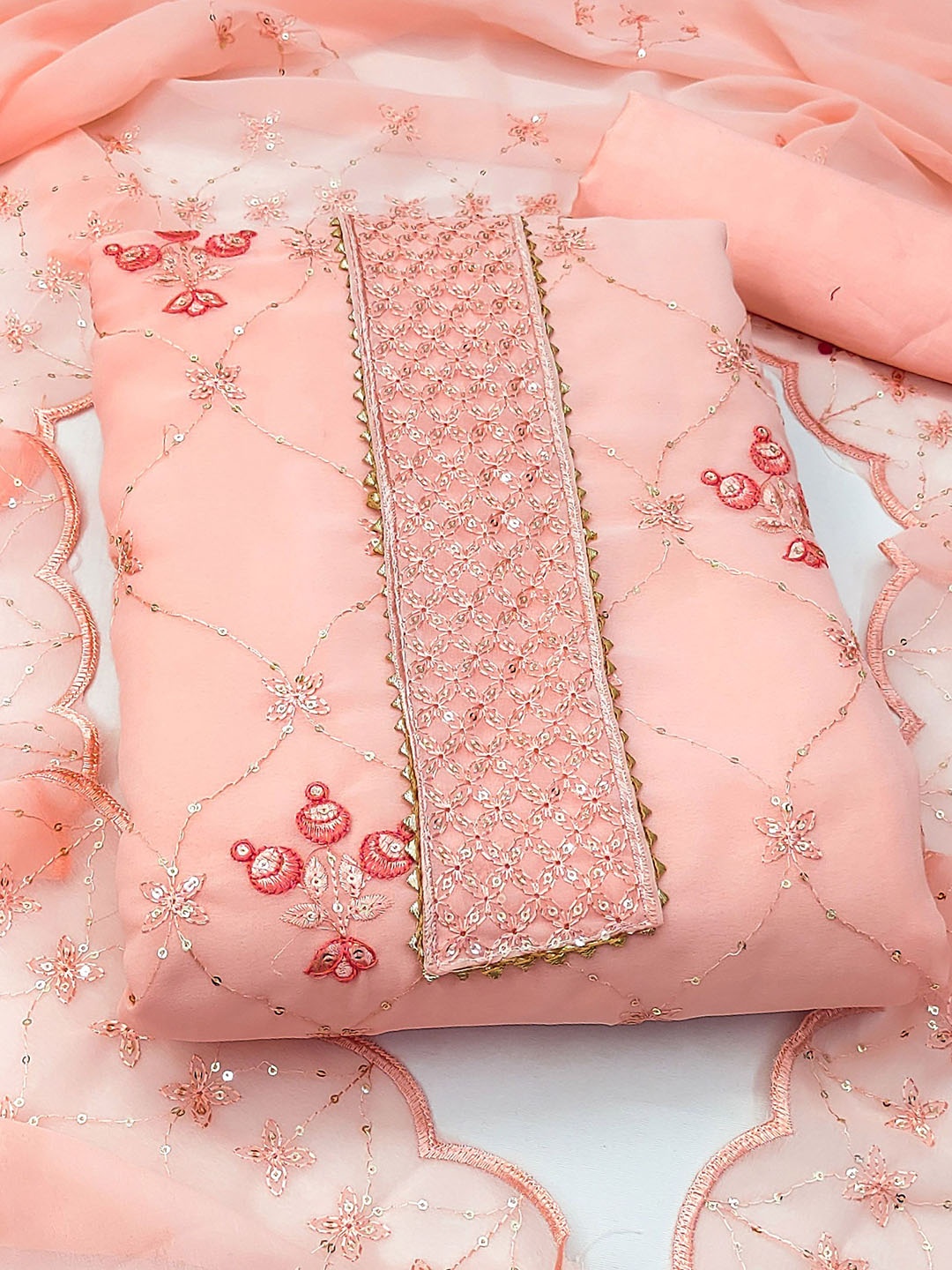 KALINI Ethnic Motifs Sequinned Embroidered Silk Georgette Unstitched Dress Material, Peach
KALINI Ethnic Motifs Sequinned Embroidered Silk Georgette Unstitched Dress Material, Peach