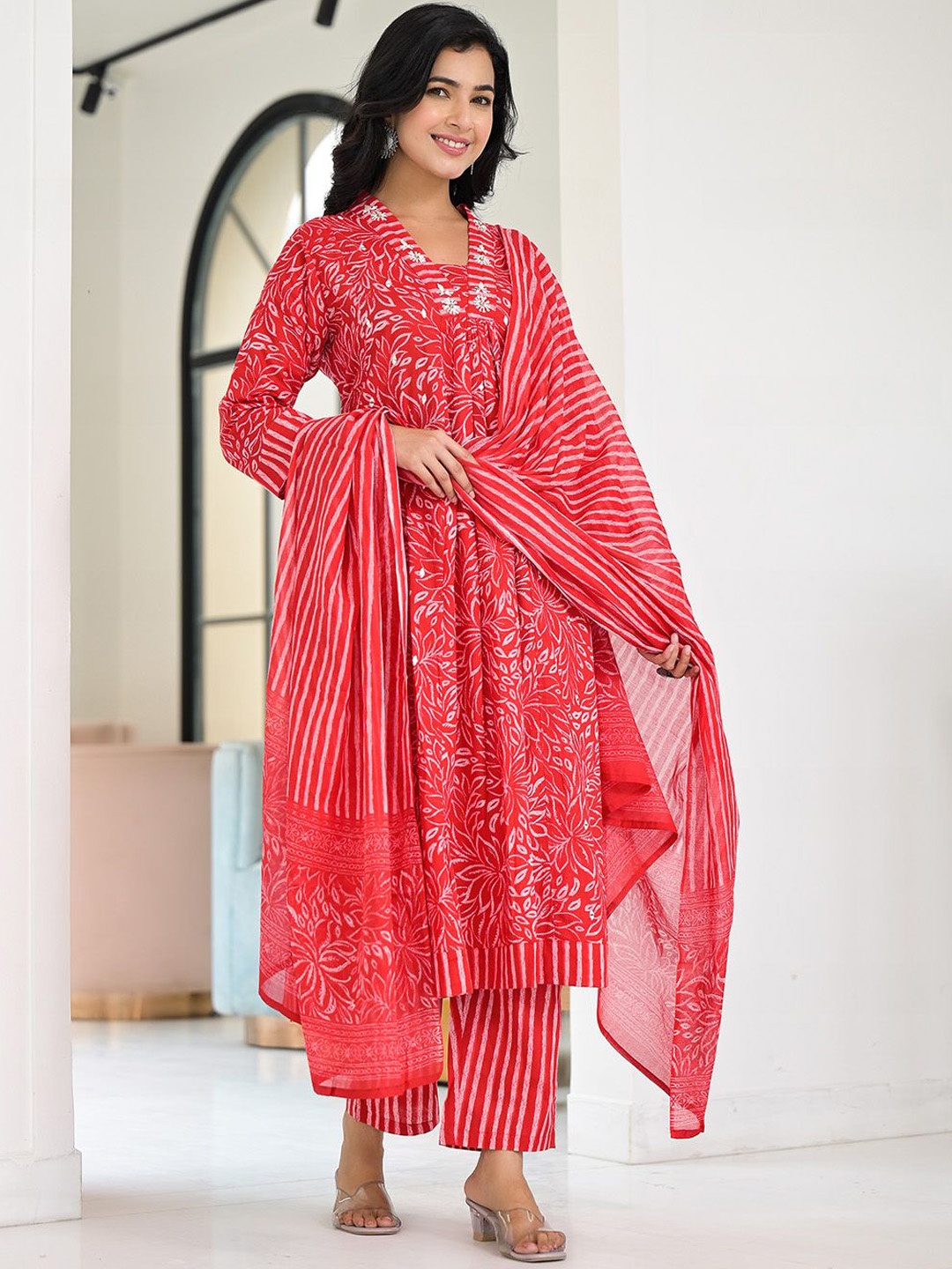 Benaaz Floral Printed Beads & Stones Pure Cotton Anarkali Kurta With Trousers & Dupatta, Red
Benaaz Floral Printed Beads & Stones Pure Cotton Anarkali Kurta With Trousers & Dupatta, Red