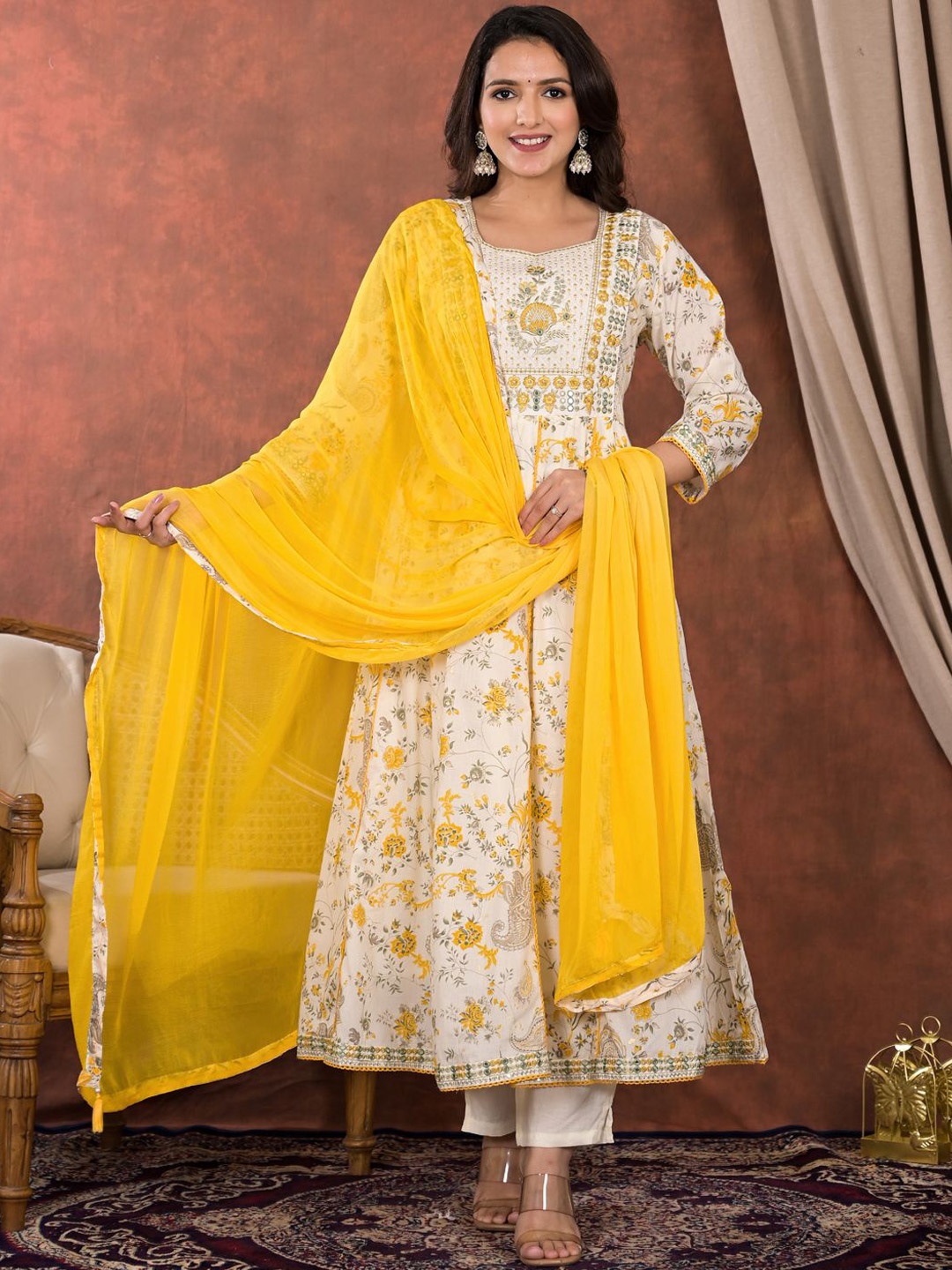 Readiprint Fashions Printed Thread Work Pure Cotton Anarkali Kurta with Palazzos & Dupatta, Mustard
Readiprint Fashions Printed Thread Work Pure Cotton Anarkali Kurta with Palazzos & Dupatta, Mustard