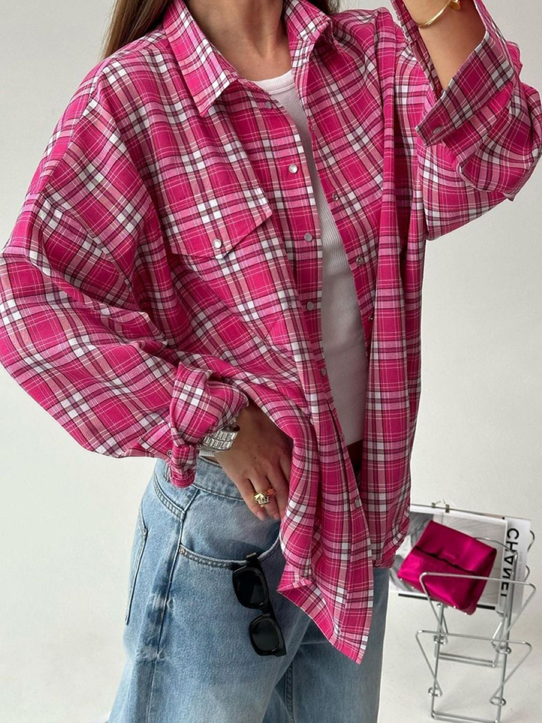 KPOP Women Comfort Spread Collar Tartan Checked Relaxed Fit Casual Shirt, Pink 
KPOP Women Comfort Spread Collar Tartan Checked Relaxed Fit Casual Shirt, Pink