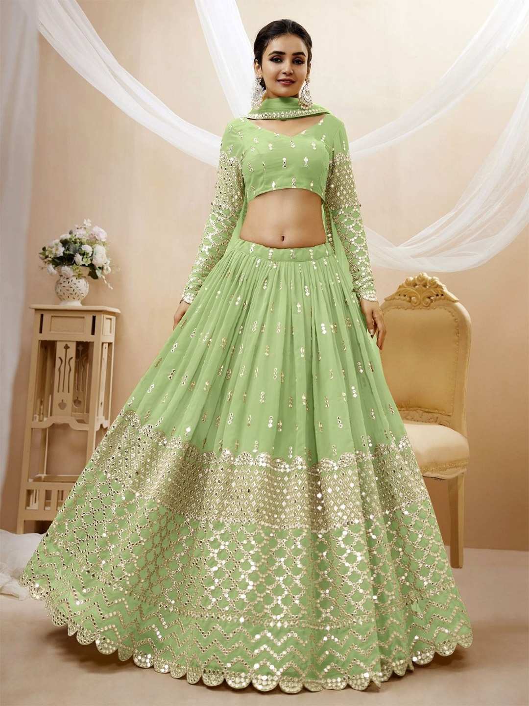 ODETTE Embroidered Mirror Work Semi-Stitched Lehenga & Unstitched Blouse With Dupatta, Green
ODETTE Embroidered Mirror Work Semi-Stitched Lehenga & Unstitched Blouse With Dupatta, Green