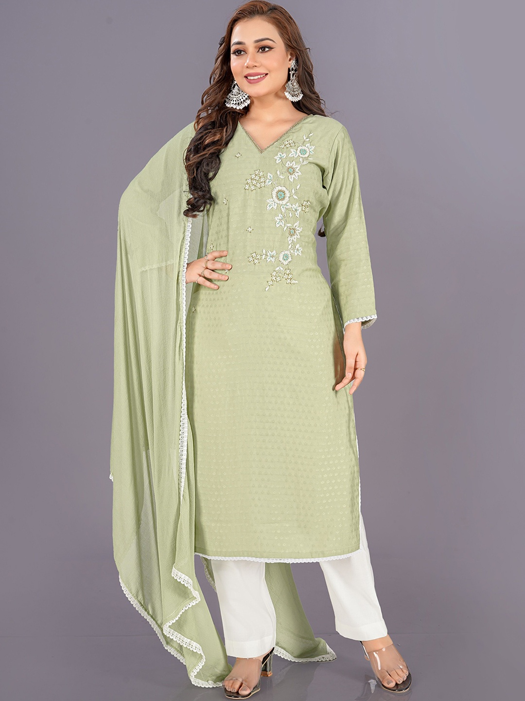 V B SONS Women Floral Embroidered Regular Beads and Stones Kurta with Trousers & With Dupatta, Sea green
V B SONS Women Floral Embroidered Regular Beads and Stones Kurta with Trousers & With Dupatta, Sea green