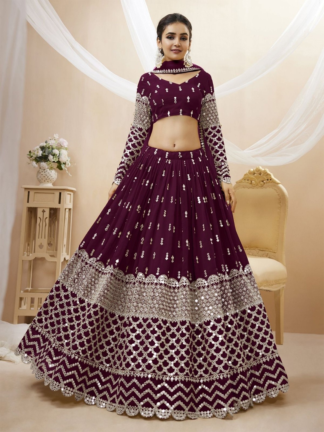 ODETTE Embroidered Mirror Work Semi-Stitched Lehenga & Unstitched Blouse With Dupatta, Purple
ODETTE Embroidered Mirror Work Semi-Stitched Lehenga & Unstitched Blouse With Dupatta, Purple
